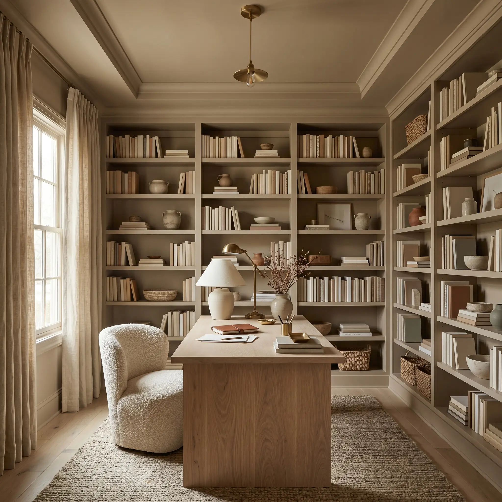 A sophisticated study architecture features a stony greige ceiling and built-in bookcases surrounding a bleached oak desk and textured cream bouclé accent chair.