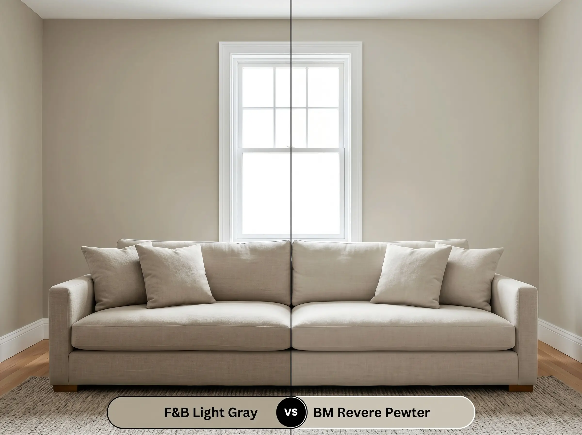 A side-by-side split-screen comparison of Farrow & Ball Light Gray on the left and Benjamin Moore Revere Pewter on the right, shown in a living room with a neutral linen sofa.