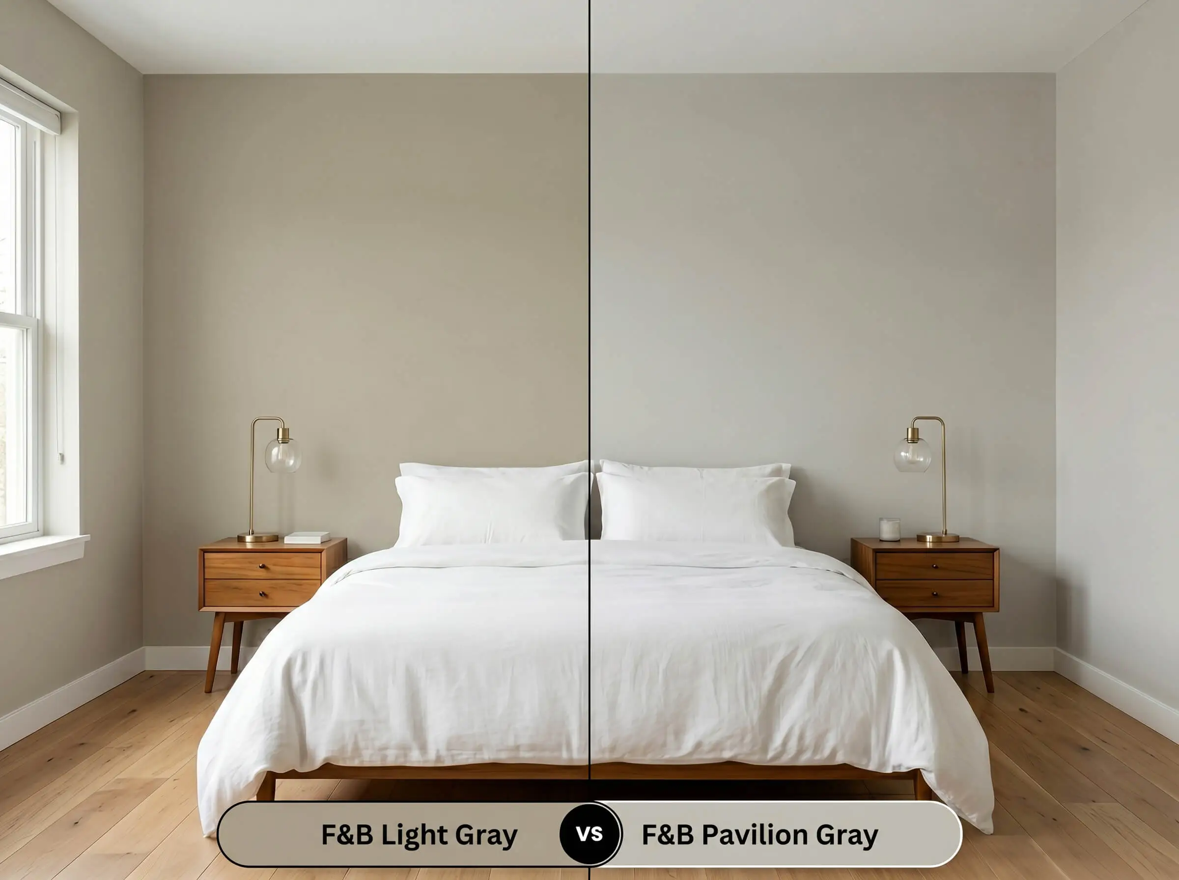 A side-by-side split-screen comparison of Farrow & Ball Light Gray on the left and Farrow & Ball Pavilion Gray on the right, shown in a bedroom with a neatly made bed and wooden nightstands.