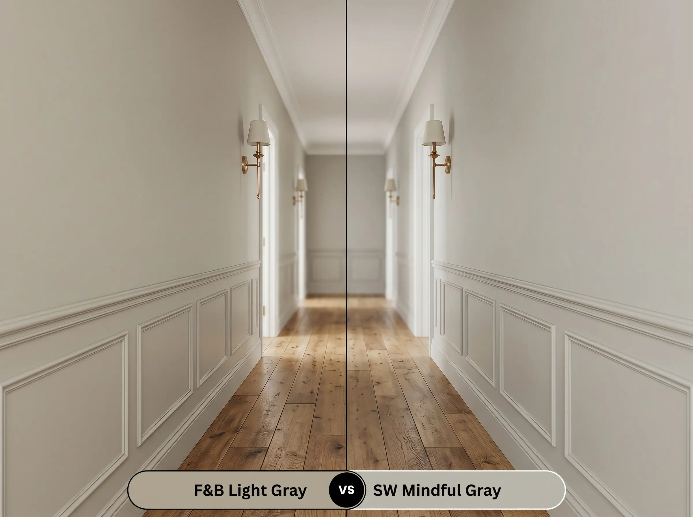 A side-by-side split-screen comparison of Farrow & Ball Light Gray on the left and Sherwin-Williams Mindful Gray on the right, shown in a hallway featuring elegant wainscoting and warm oak flooring.