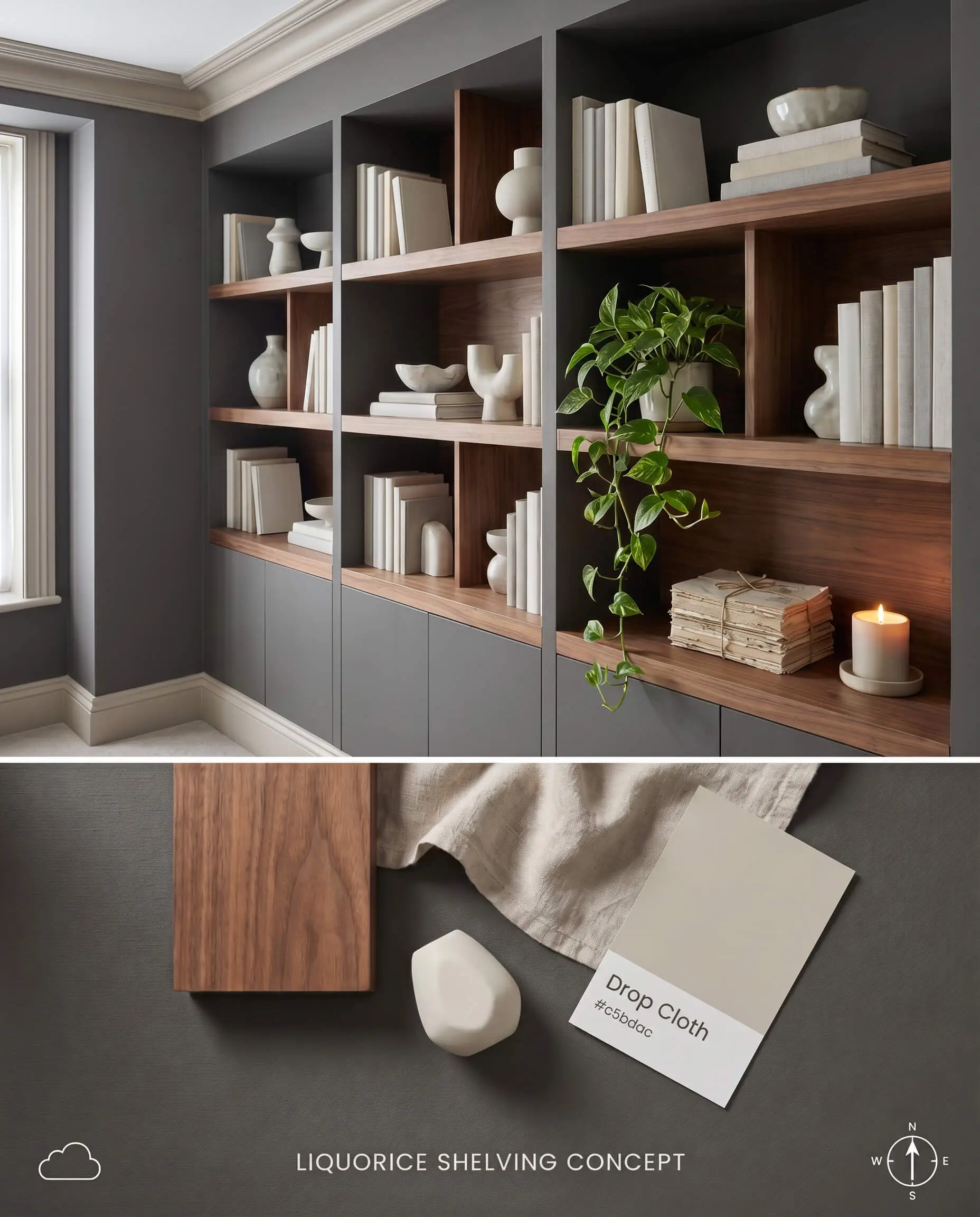 An 80/20 digital visualization showcasing floor-to-ceiling shelving painted in a brown-based black on top, with a textured bottom section highlighting natural walnut wood, matte ceramics, and linen fabric swatches.
