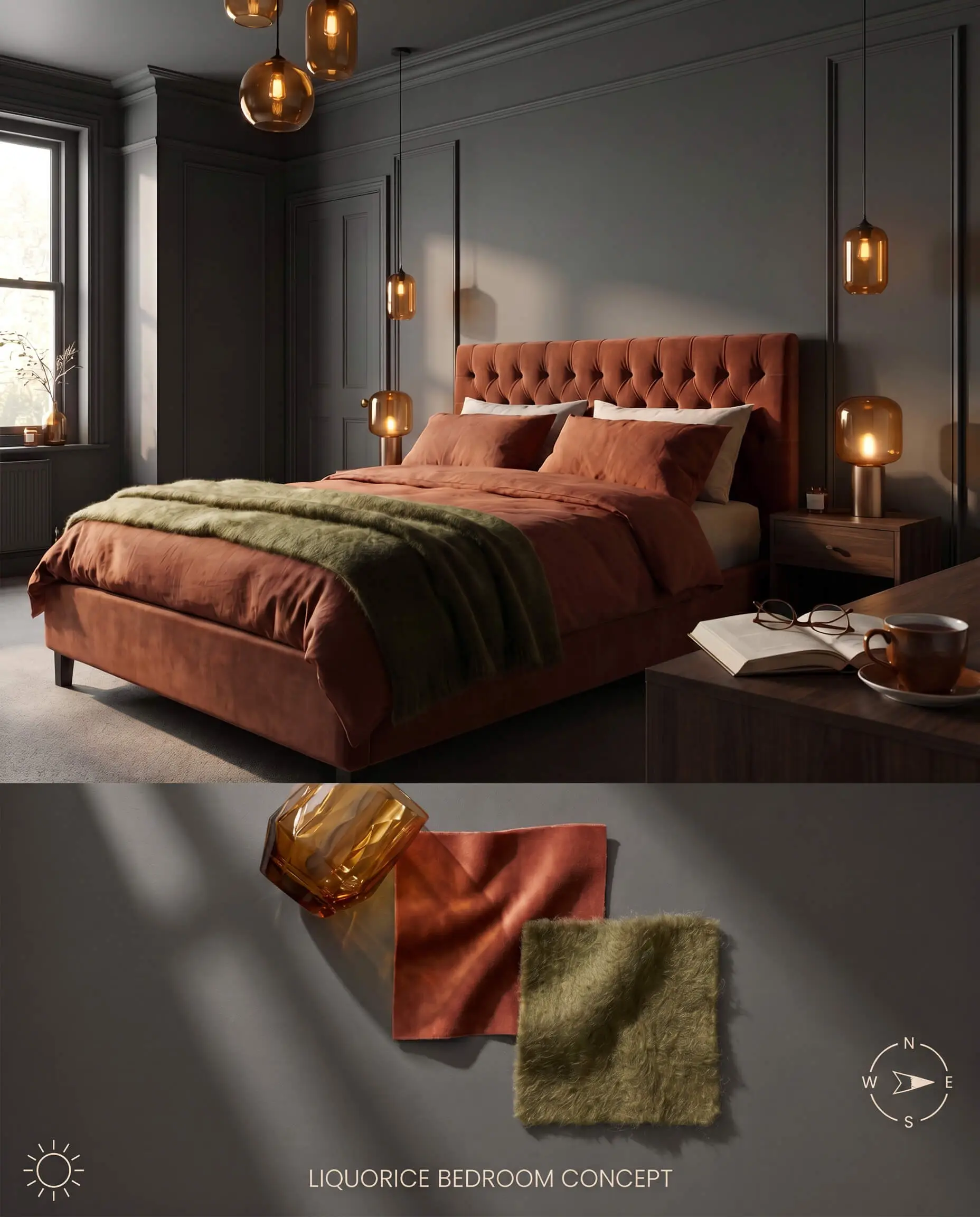 A split-screen design board displaying a color-drenched bedroom painted in a velvety warm charcoal on top, and a textured bottom section displaying amber glass, rust velvet, and olive green mohair swatches.