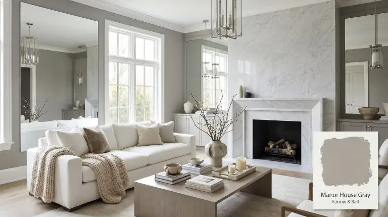 A photorealistic living room painted in Farrow & Ball Manor House Gray (Hex #9ea09d) featuring a honed Carrara marble fireplace, white oak flooring, and crisp white linens.