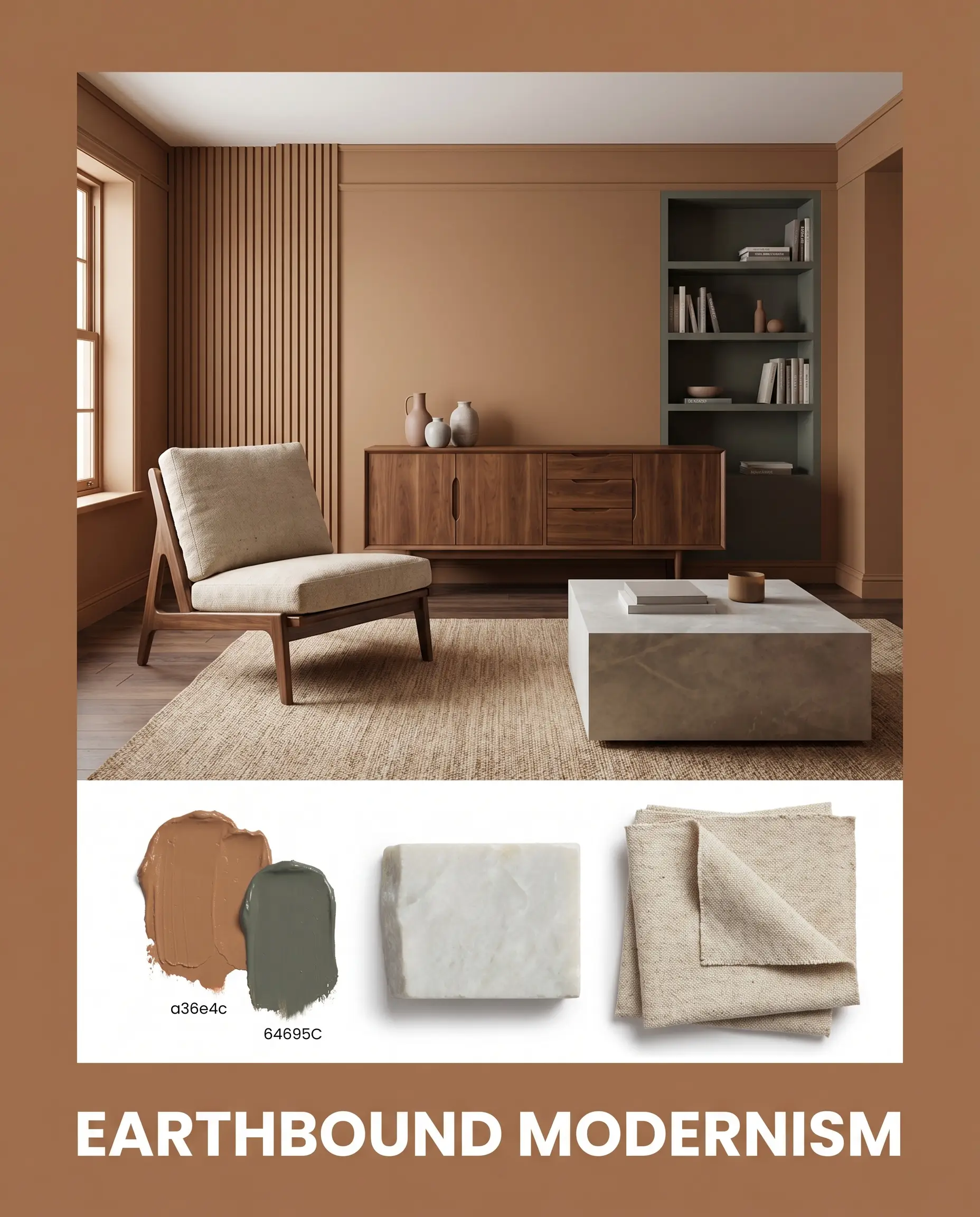 An editorial magazine layout displays a mid-century walnut living room alongside a flat-lay of earthy quince paint textures, honed soapstone, and raw nubby canvas fabric.