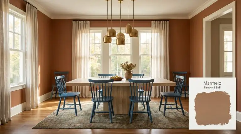 A thick honed travertine dining table and folkloric Swedish blue chairs anchor a dining room painted in Farrow & Ball Marmelo (Hex #a36e4c).