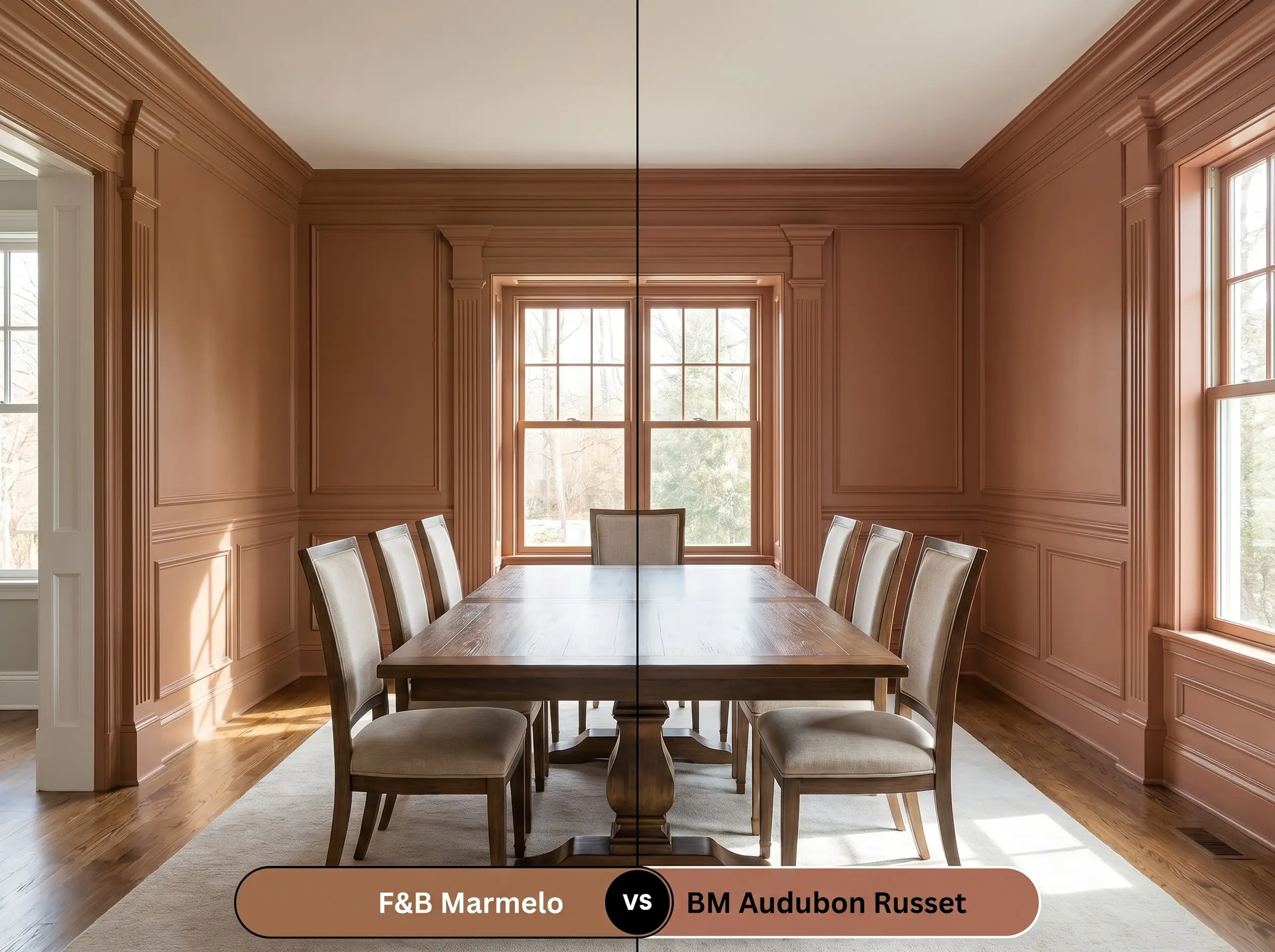 A side-by-side split-screen comparison of Farrow & Ball Marmelo on the left and Benjamin Moore Audubon Russet on the right, shown in a mirrored dining room featuring heavy millwork.