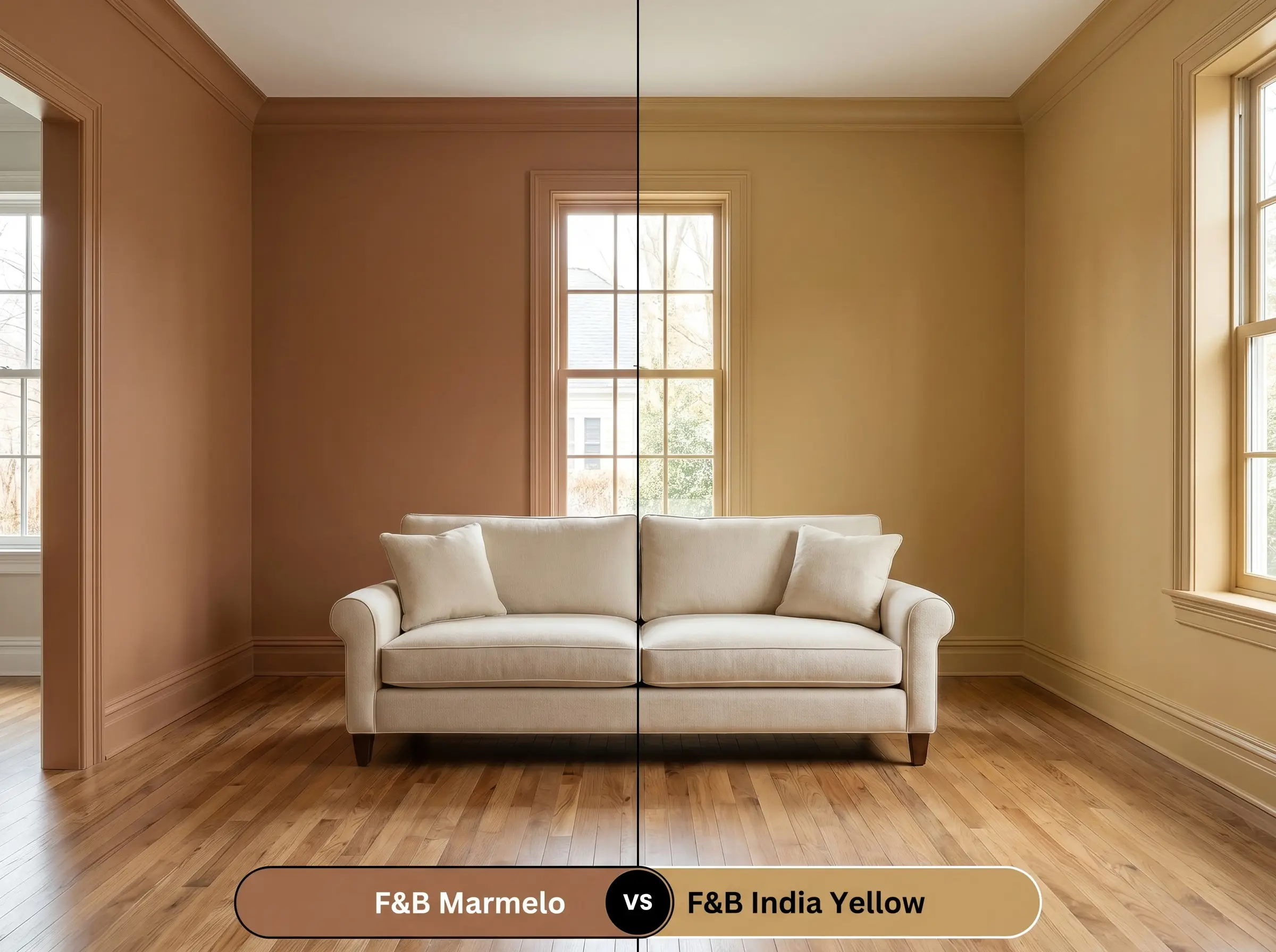 A side-by-side split-screen comparison of Farrow & Ball Marmelo on the left and Farrow & Ball India Yellow on the right, shown in a mirrored living room with a neutral sofa.