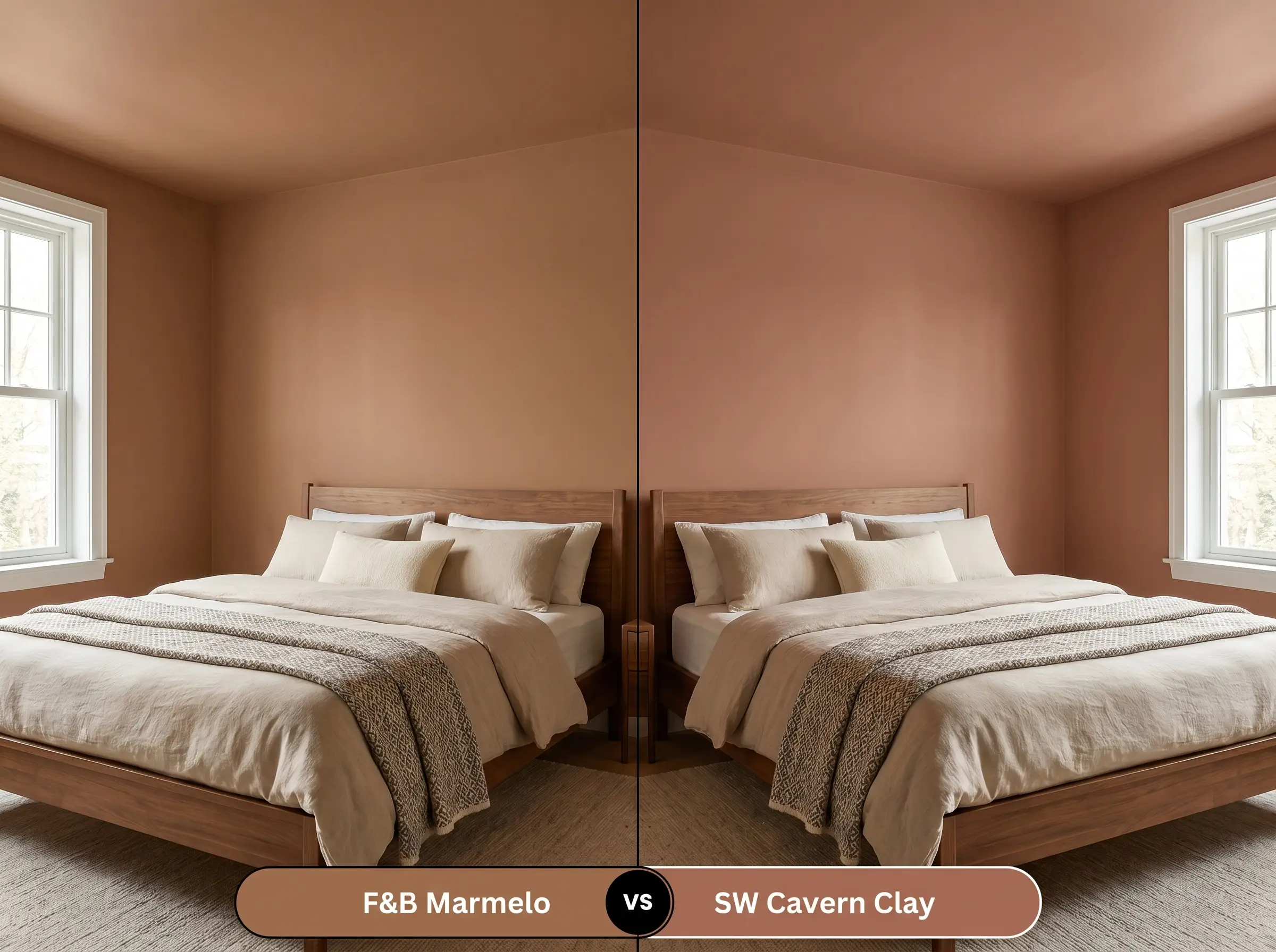 A side-by-side split-screen comparison of Farrow & Ball Marmelo on the left and Sherwin-Williams Cavern Clay on the right, shown in a mirrored bedroom with a wooden bed frame.