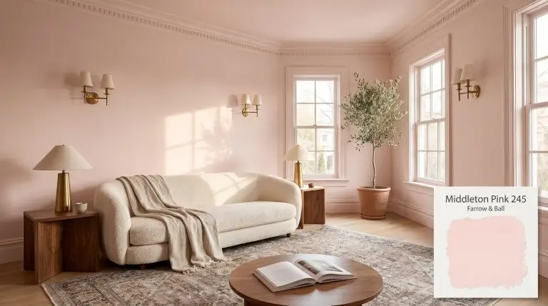 A wide architectural view of a sophisticated living room painted in Farrow & Ball Middleton Pink (Hex #f6e4e4), featuring a cream boucle sofa, warm walnut tables, and unlacquered brass sconces.