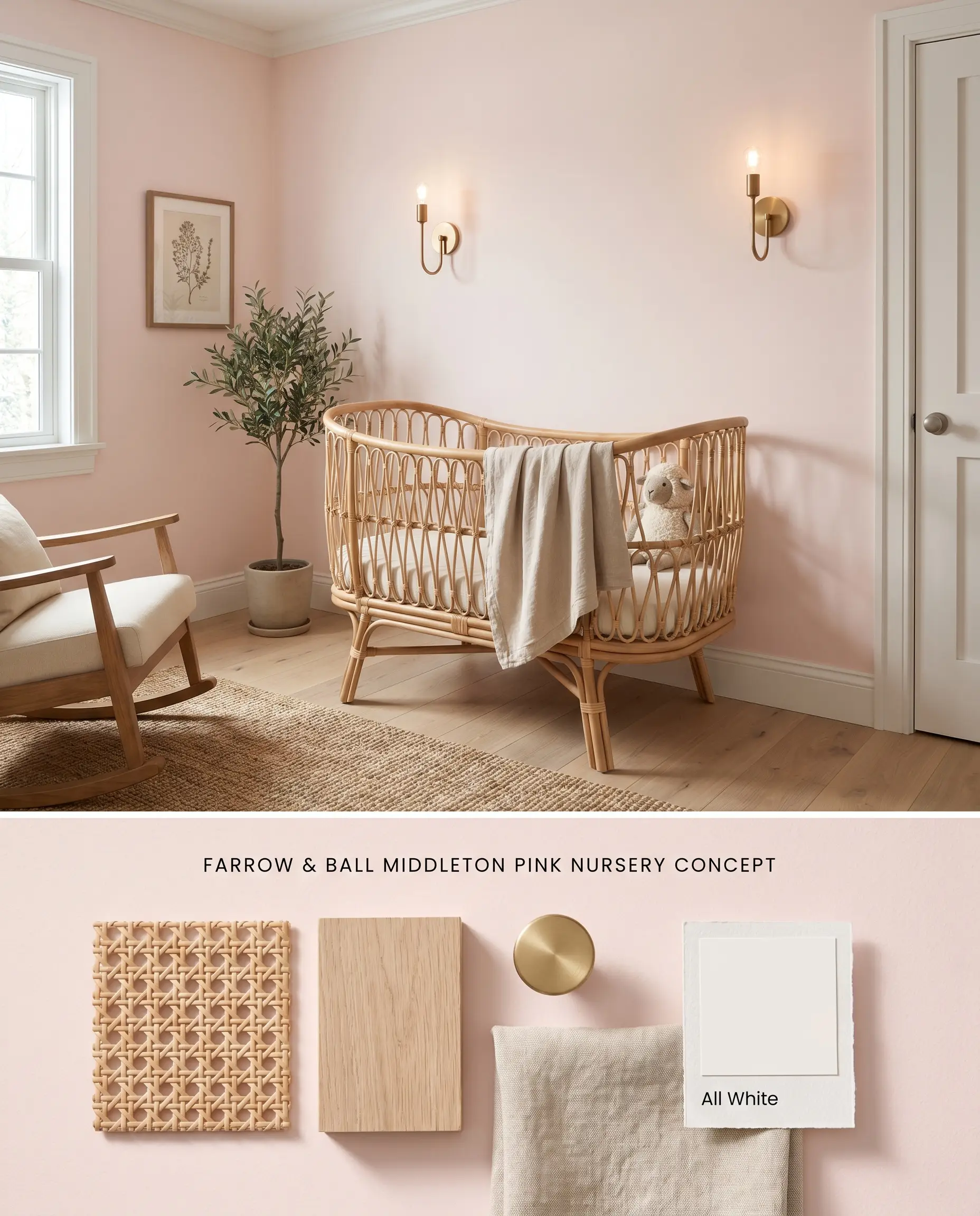A split digital conceptual board for a nursery featuring pastel pink walls and a woven rattan crib on top, with physical material swatches on a textured bottom section.