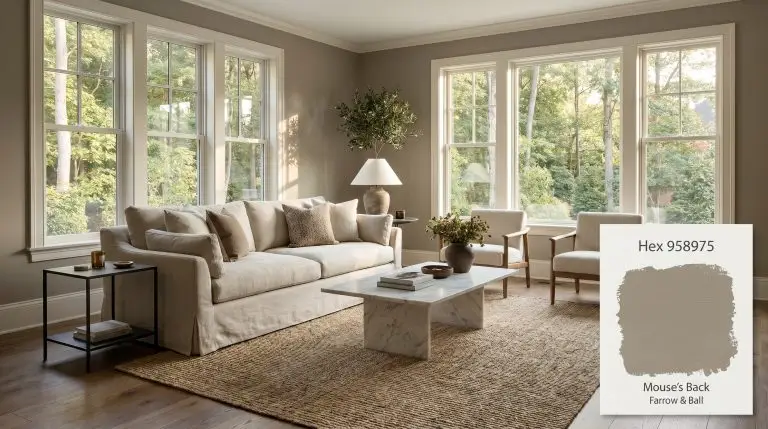 A slipcovered linen sofa sits on a natural jute rug in an organic living room painted in Farrow & Ball Mouse's Back (Hex #958975).