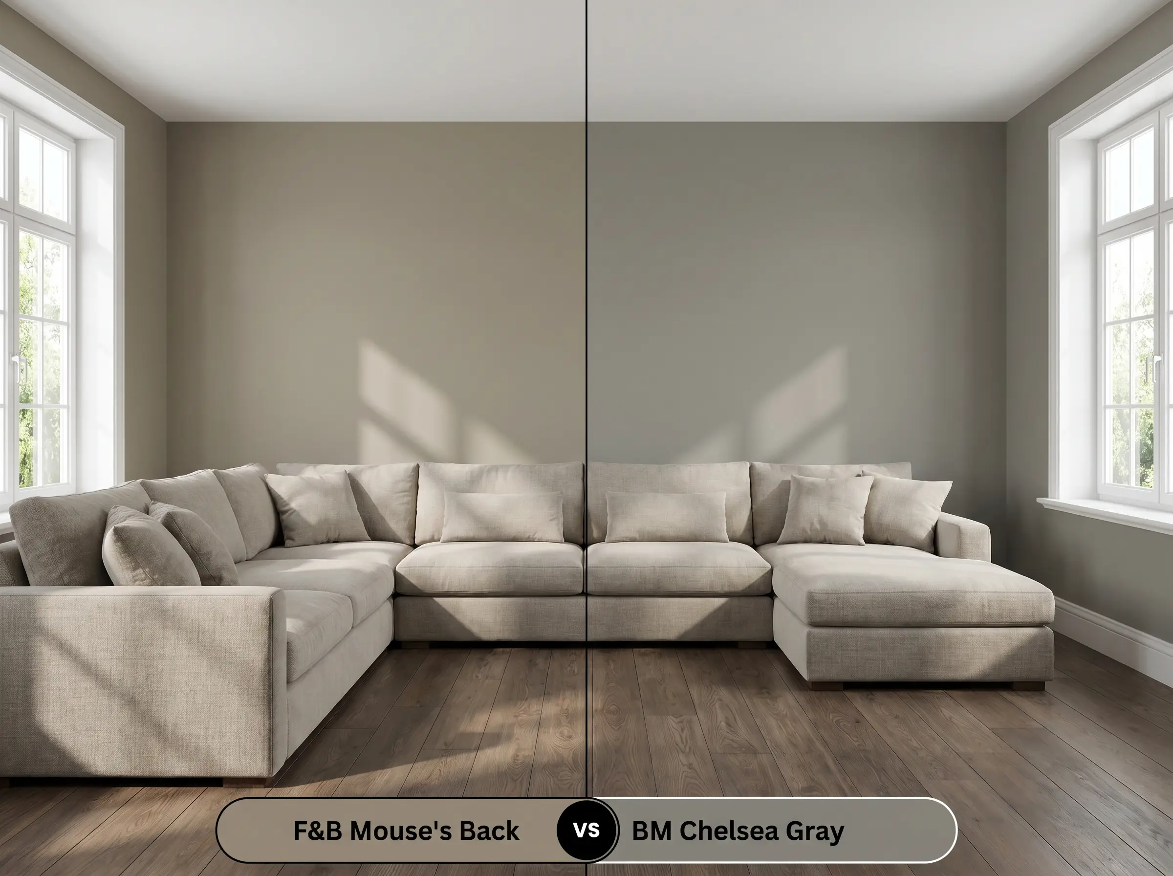 A side-by-side split-screen comparison of Farrow & Ball Mouse's Back on the left and Benjamin Moore Chelsea Gray on the right, shown in a living room.