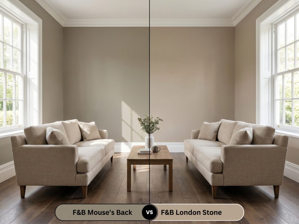 A side-by-side split-screen comparison of Farrow & Ball Mouse's Back on the left and Farrow & Ball London Stone on the right, shown in a living room.