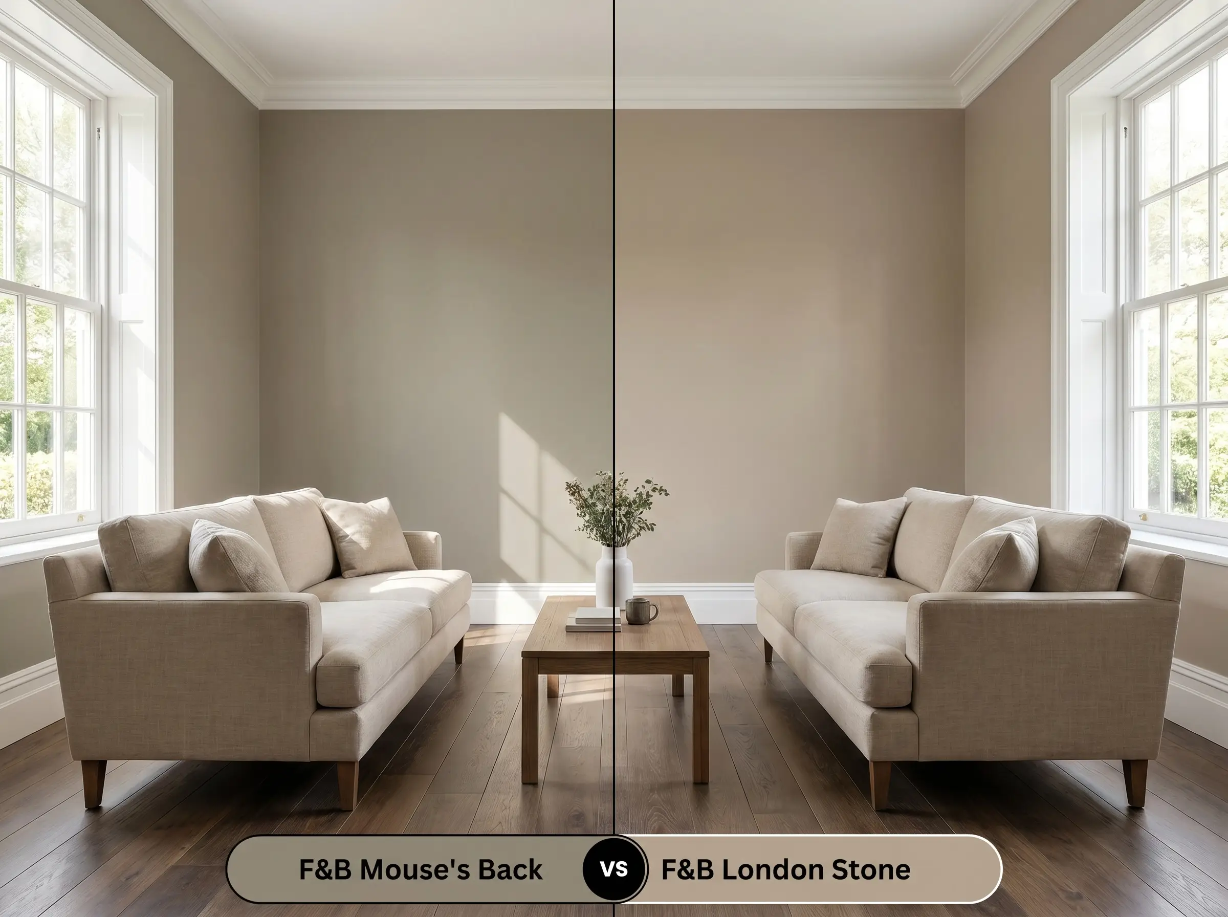 A side-by-side split-screen comparison of Farrow & Ball Mouse's Back on the left and Farrow & Ball London Stone on the right, shown in a living room.