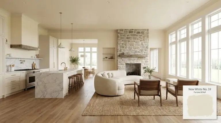 A breathtaking open-concept living room and kitchen painted in Farrow & Ball New White (Hex #efe6cf), featuring honed marble and unlacquered brass hardware.