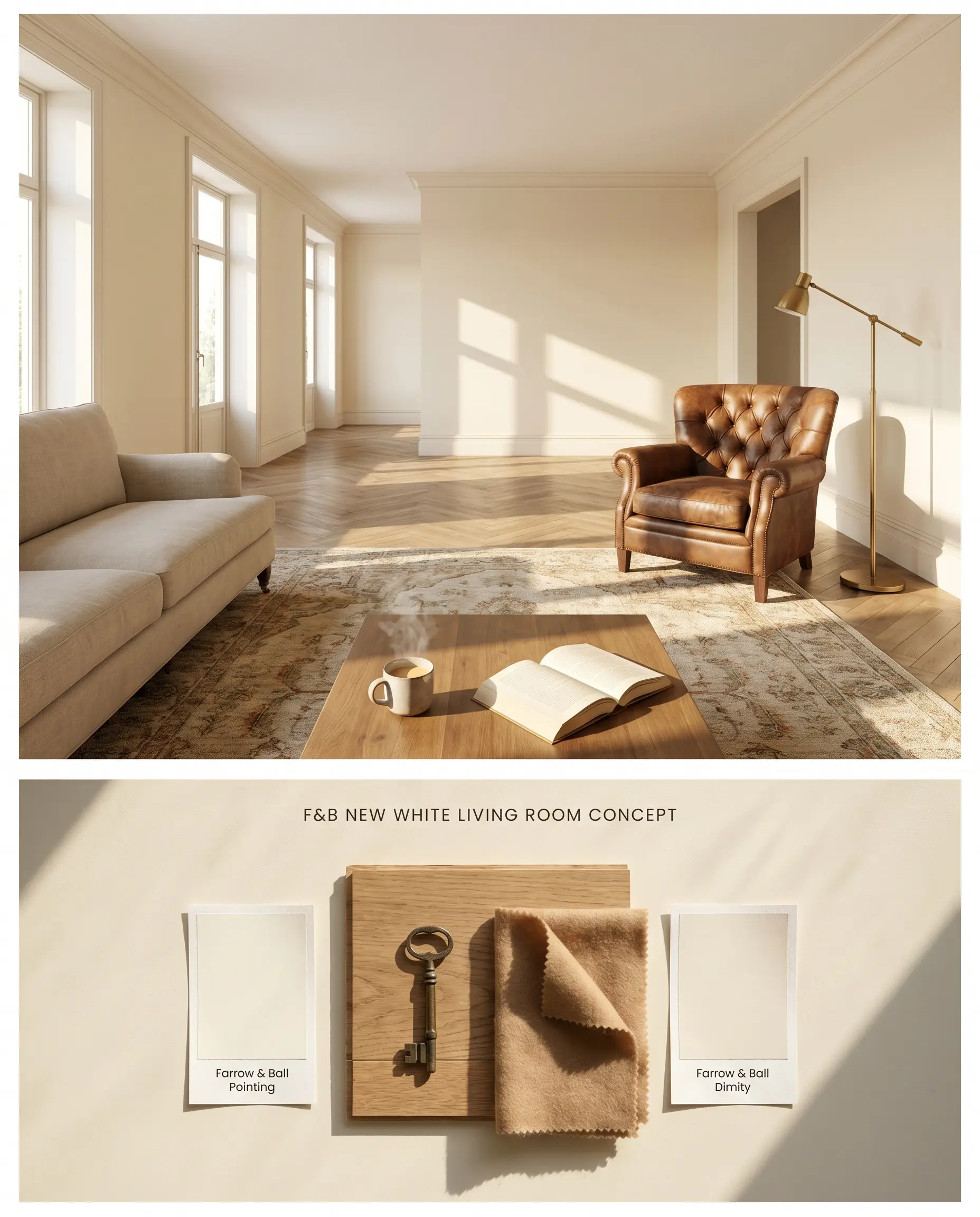 A split digital conceptual board for a traditional living room featuring Farrow & Ball New White walls, paired with an oak and leather flat-lay.