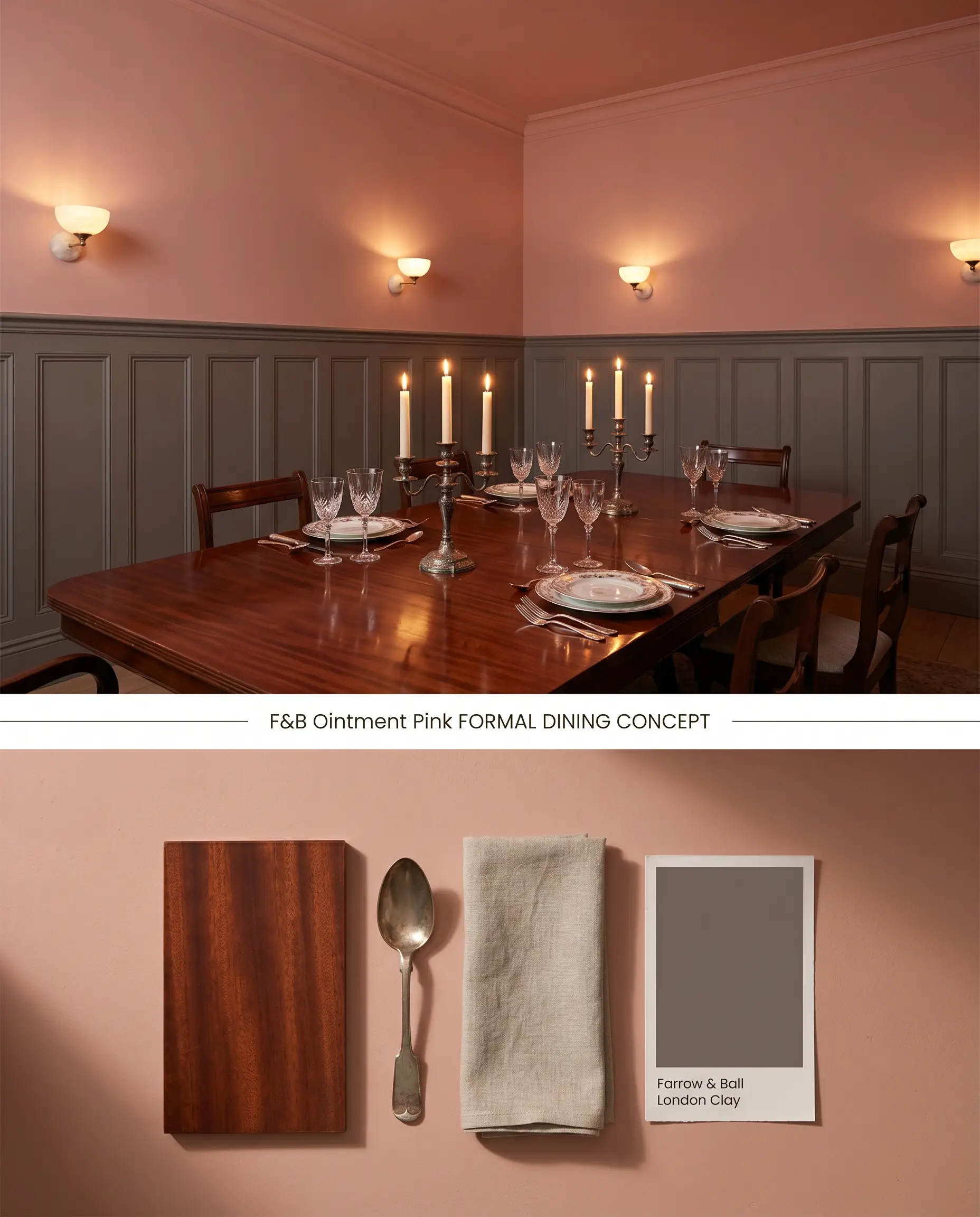 A split digital conceptual board featuring a Farrow & Ball Ointment Pink dining room above a flat-lay of polished mahogany, tarnished silver, and linen.