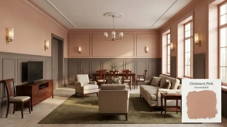 An elegant living and dining space painted in Farrow & Ball Ointment Pink (Hex #c8977e), featuring tall wainscoting, matte travertine flooring, and mahogany furniture.