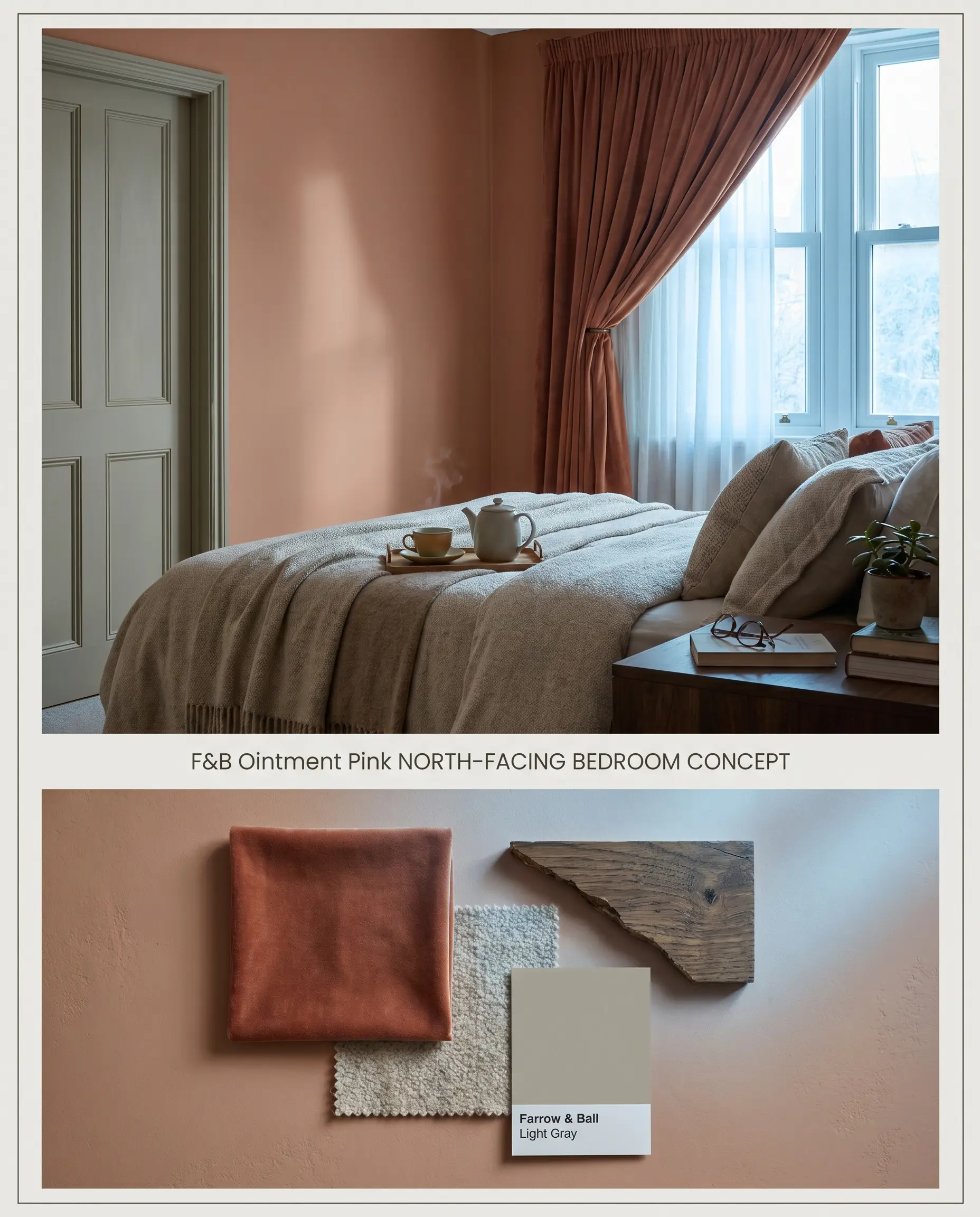A split digital conceptual board presenting a Farrow & Ball Ointment Pink bedroom over a flat-lay of rust velvet, oatmeal wool, and dark wood.