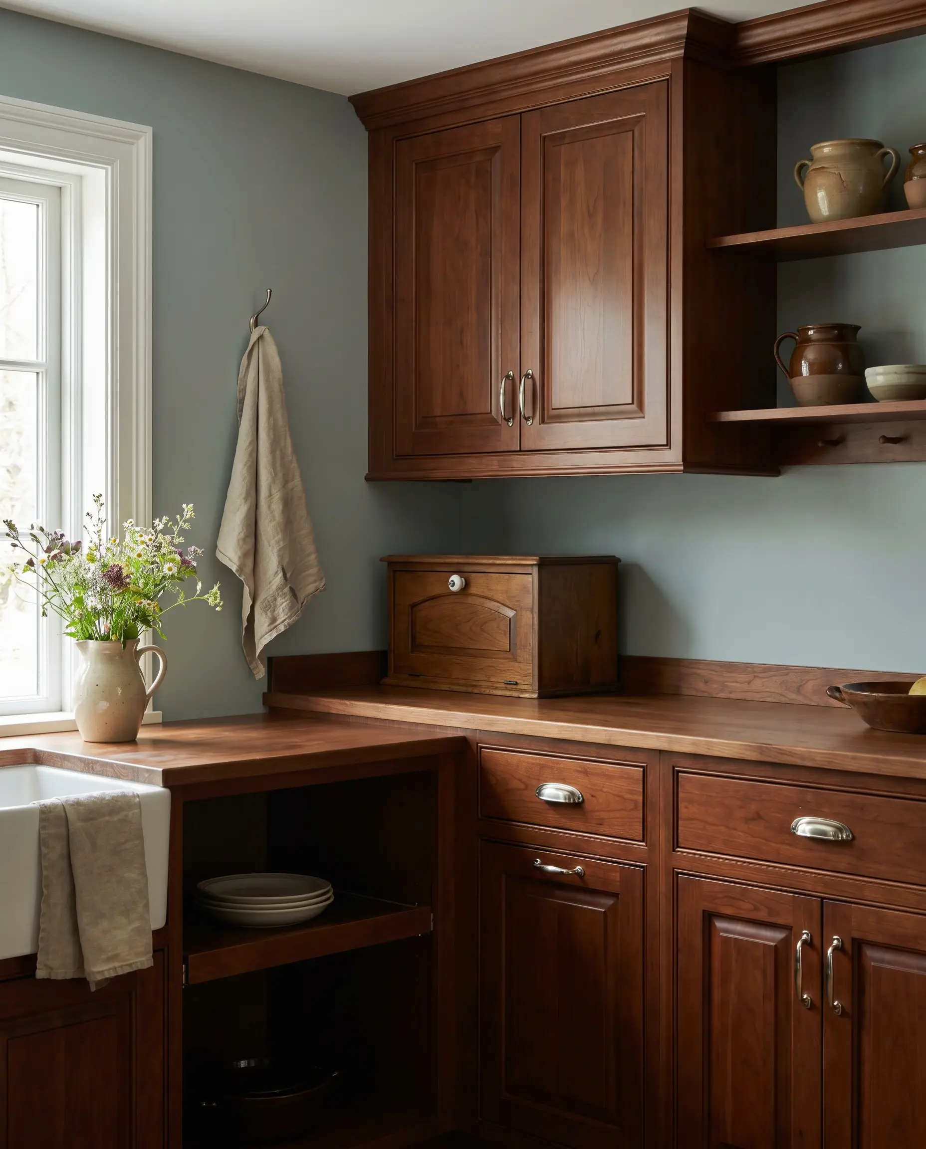 Classic factory cherry wood cabinets equipped with polished nickel hardware rest against sophisticated blue-gray Farrow and Ball Pigeon painted walls.