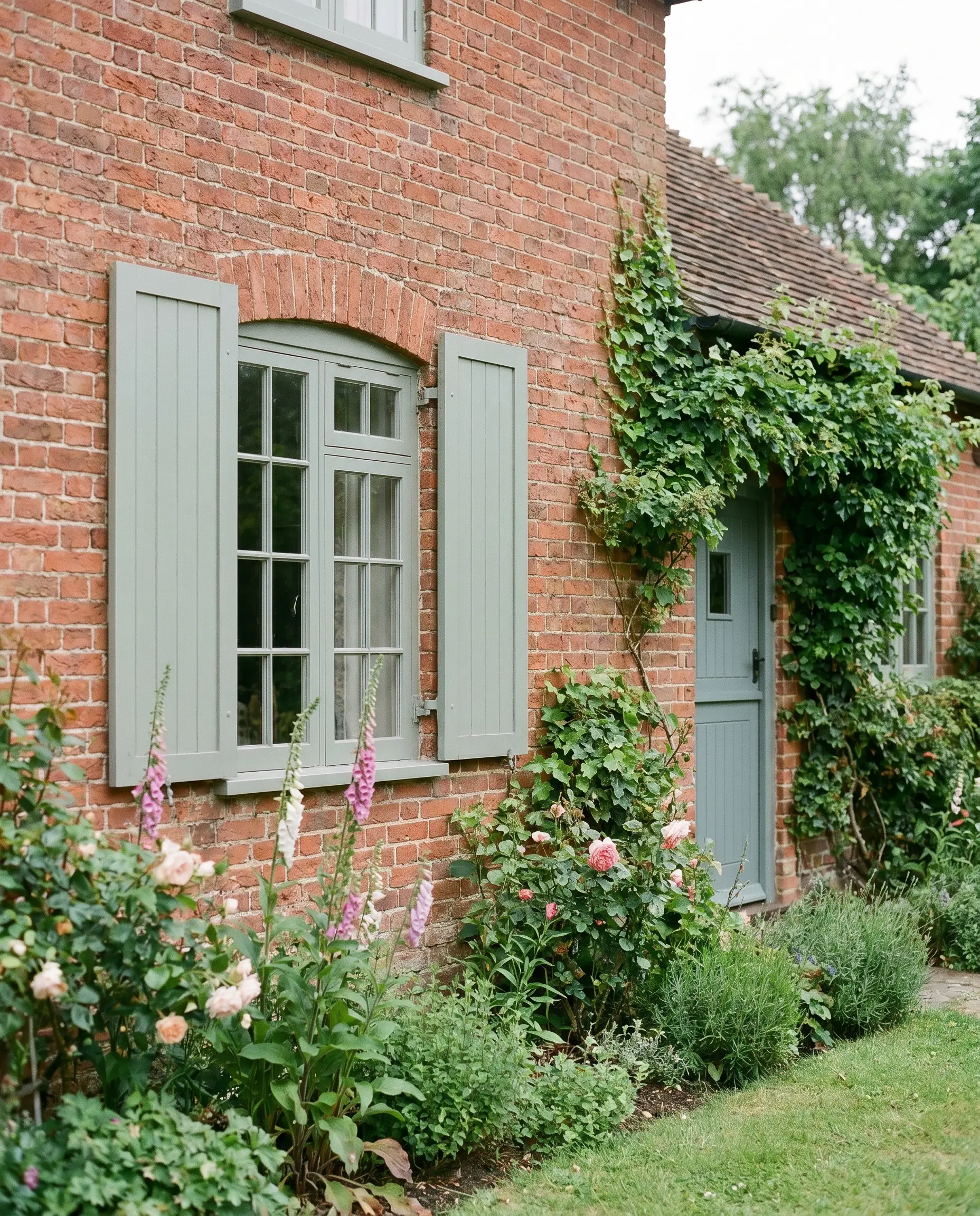 Nuanced blue-gray green painted window shutters flank a classic multi-pane window on a cottage-style red brick home overgrown with lush climbing ivy.