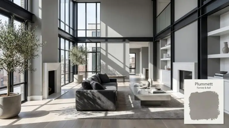 An industrial modern living room featuring Farrow & Ball Plummett (Hex #8c8e8d) walls, white oak floors, black steel elements, and a concrete coffee table.