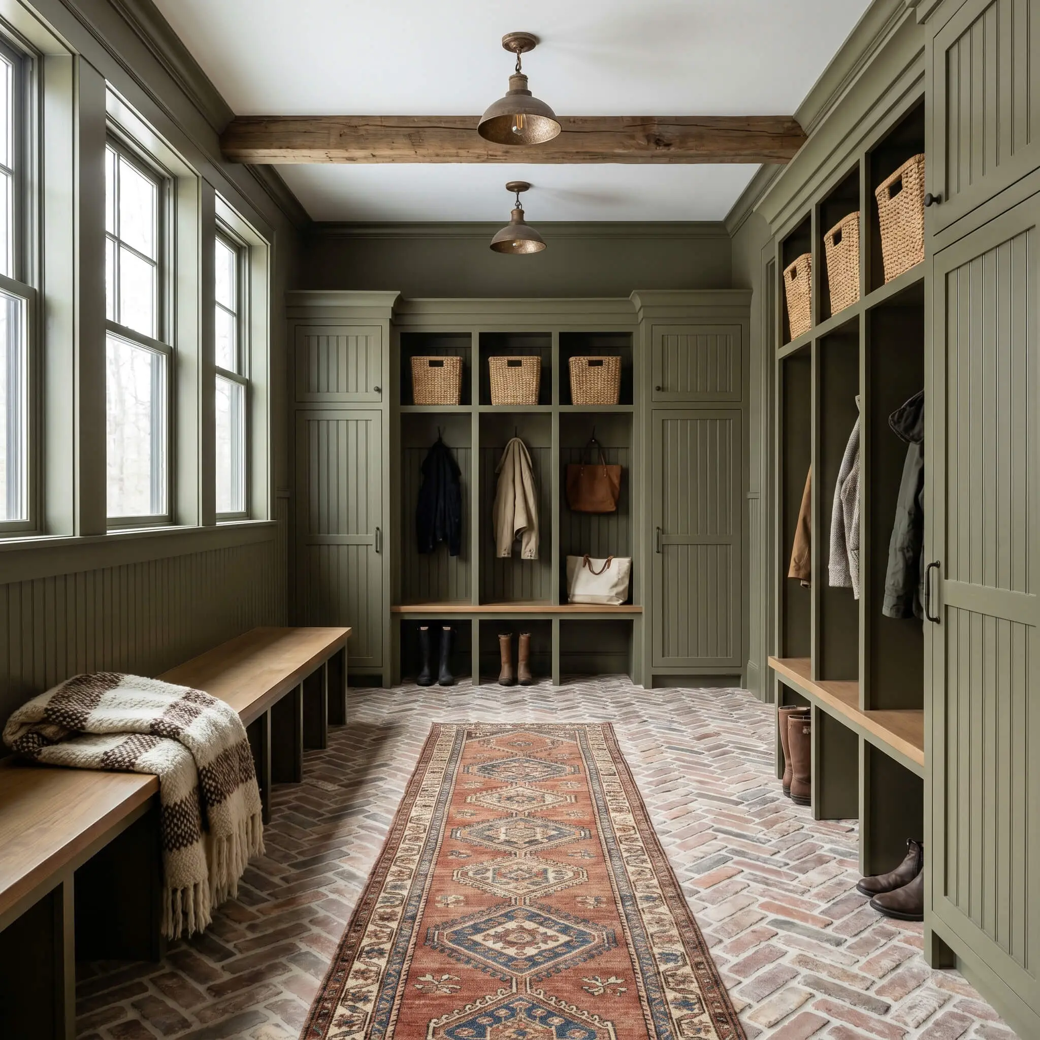 Herringbone tumbled brick flooring and a vintage tribal runner lead toward custom beadboard lockers painted in Farrow & Ball Reduced Green (Hex #5c594b).