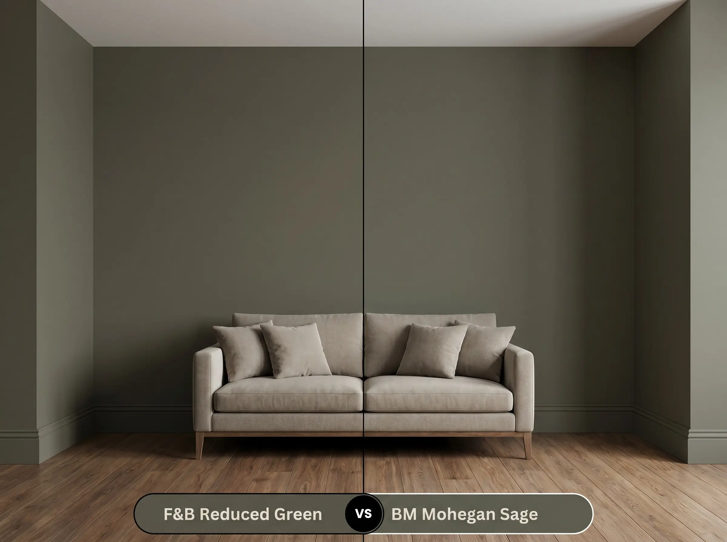 A side-by-side split-screen comparison of Farrow & Ball Reduced Green on the left and Benjamin Moore Mohegan Sage on the right, shown in a mirrored living room with a central sofa.