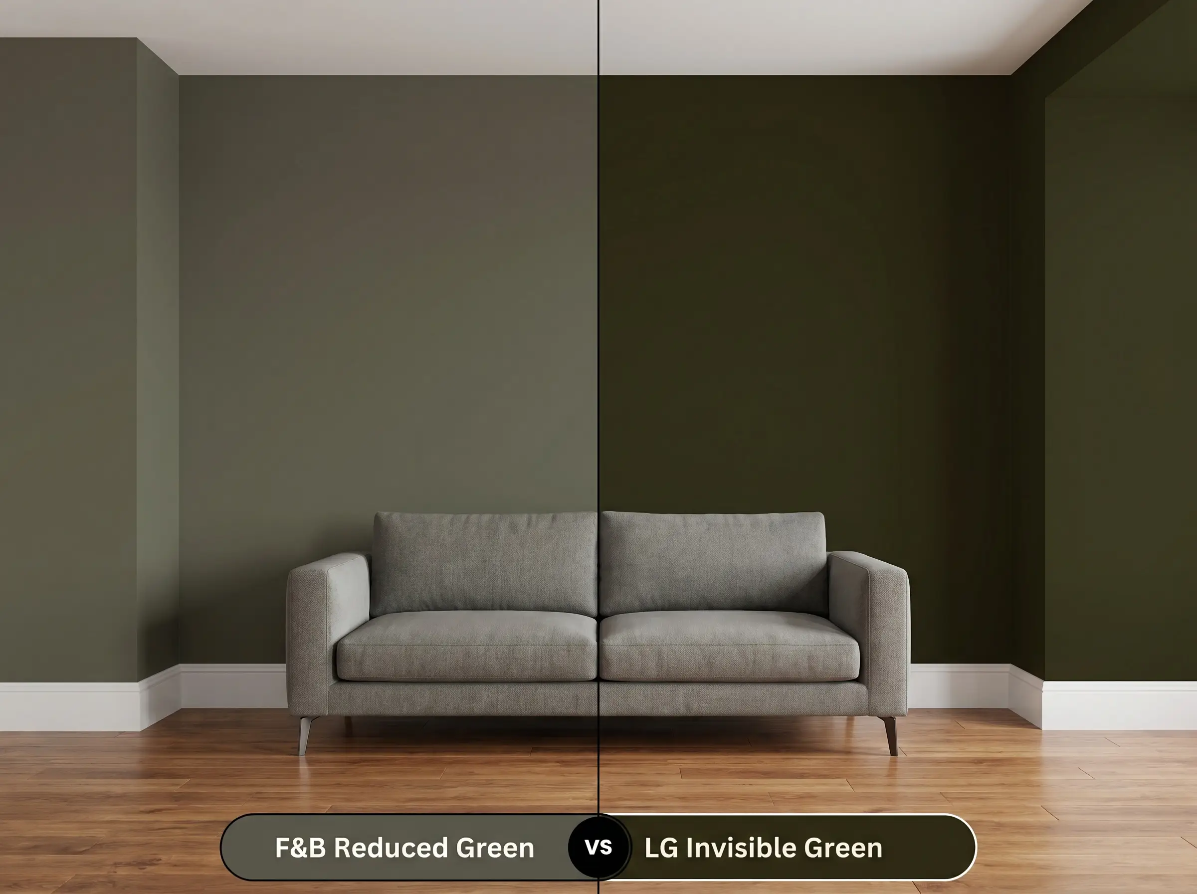 A side-by-side split-screen comparison of Farrow & Ball Reduced Green on the left and Little Greene Invisible Green on the right, shown in a mirrored living room featuring a central sofa.