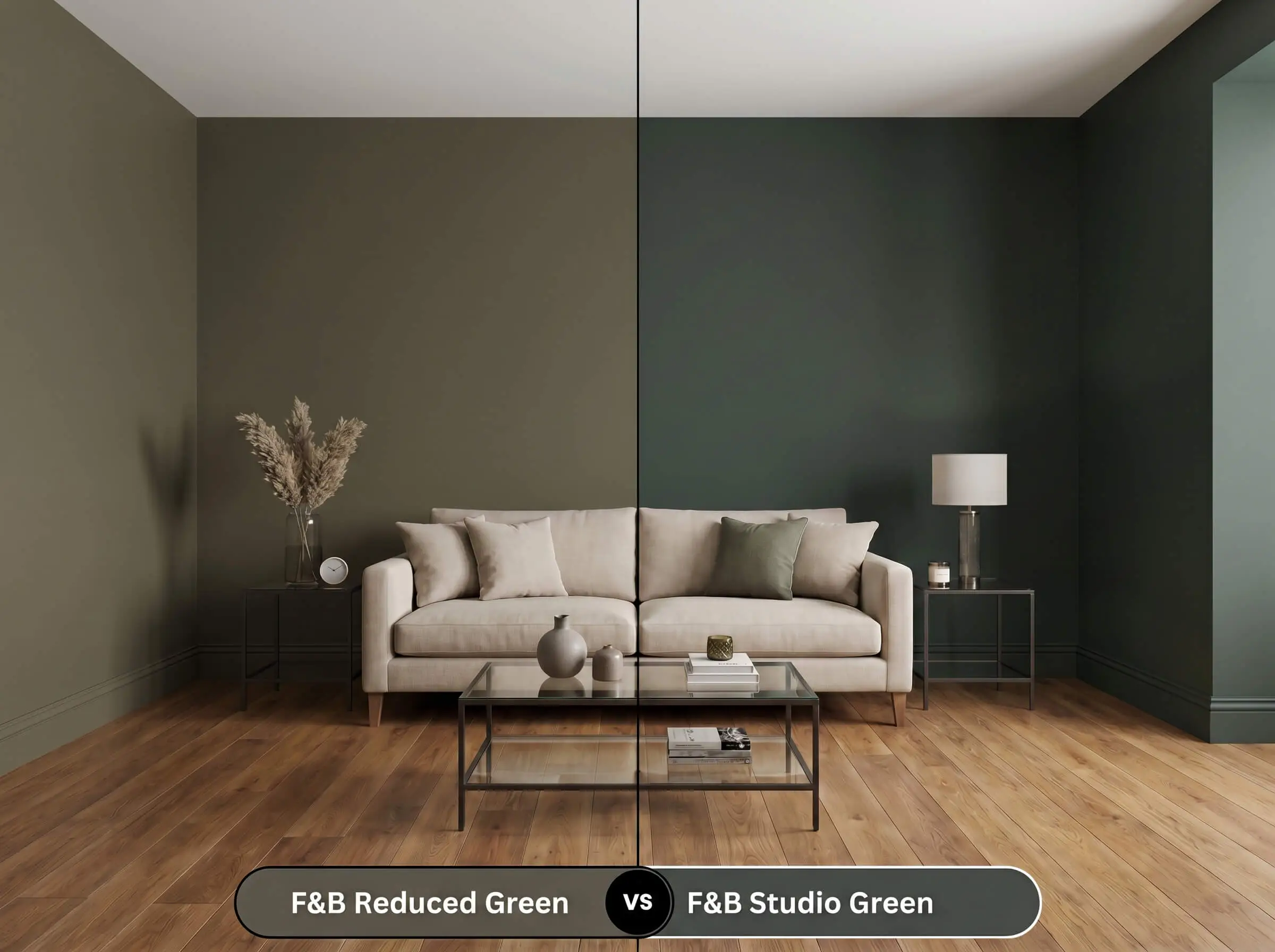 A side-by-side split-screen comparison of Farrow & Ball Reduced Green on the left and Farrow & Ball Studio Green on the right, shown in a mirrored living room with wood flooring.
