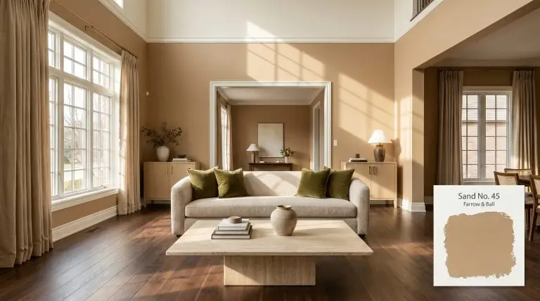 A photorealistic architectural wide shot of a high-end living room painted in Farrow & Ball Sand No. 45 (Hex #ba9368), featuring an oatmeal bouclé sofa and raw silk draperies.