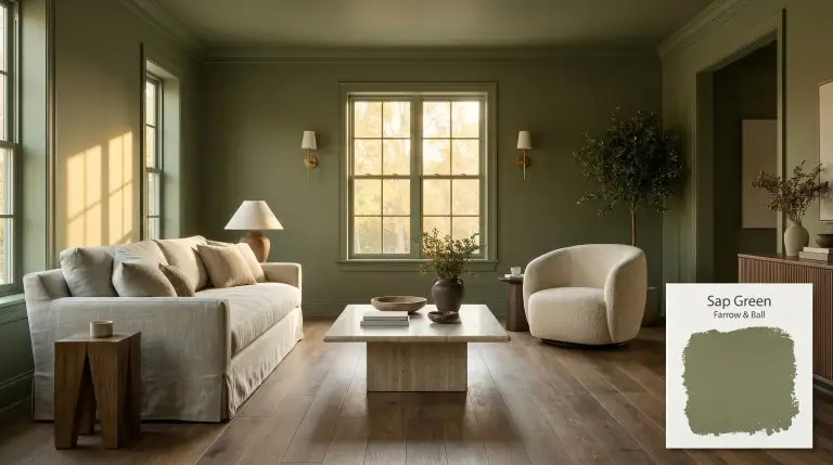 A solid travertine plinth coffee table and pale linen slipcovered sofa anchor an earthy living room painted in Farrow & Ball Sap Green (Hex #747c51).