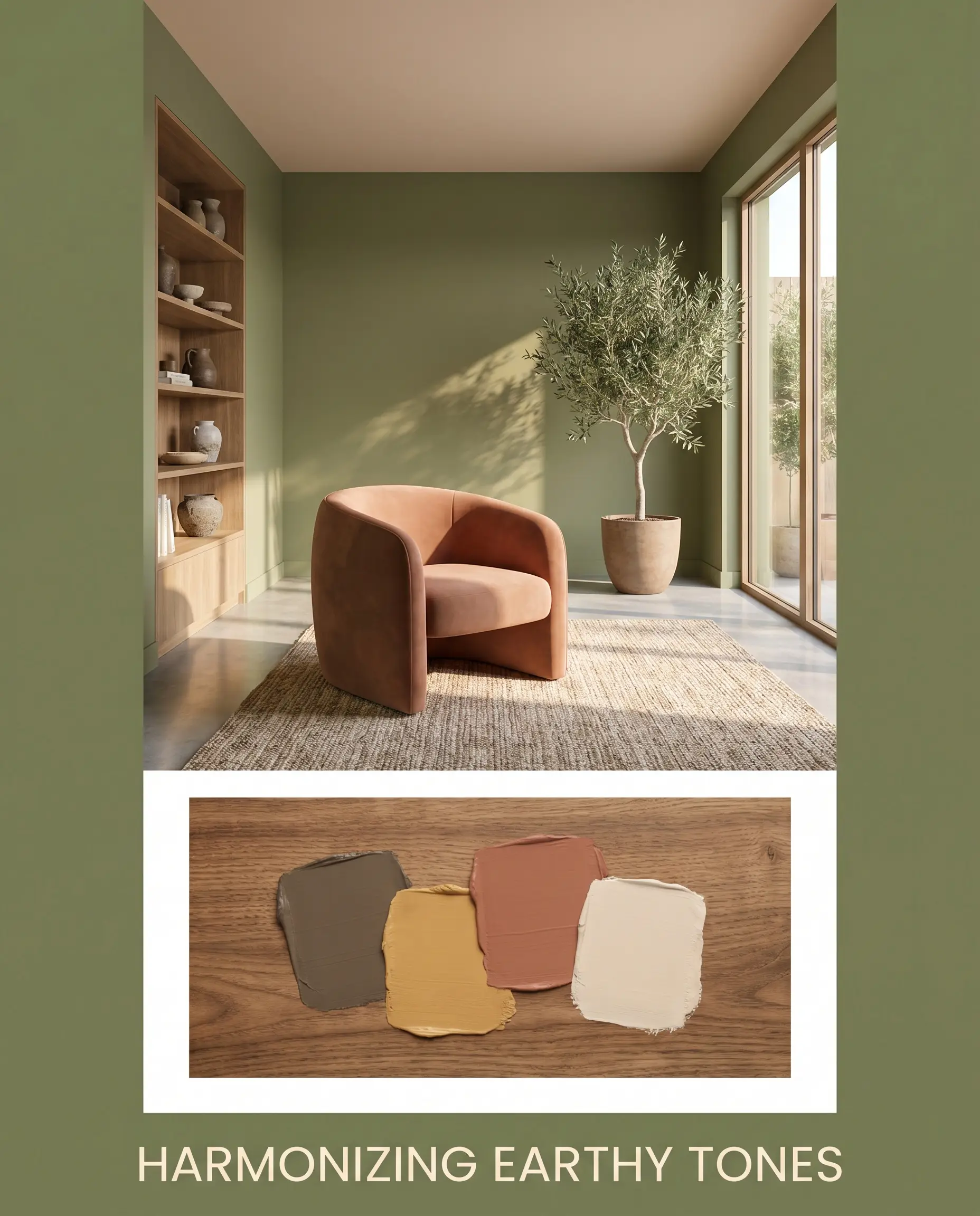 A soft terracotta accent chair anchors an architectural room painted in Farrow & Ball Sap Green (Hex #747c51) above a flat-lay of warm smoked oak.