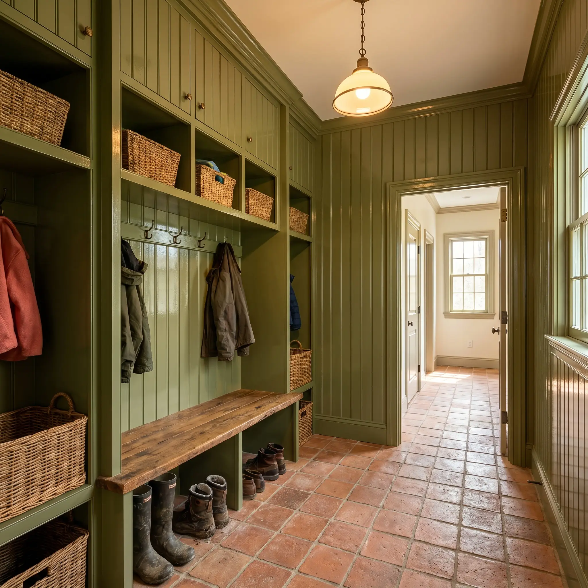 High-gloss earthy neutral beadboard and custom cubbies frame a wooden bench resting on raw tumbled terracotta floor tiles inside a utilitarian entryway.