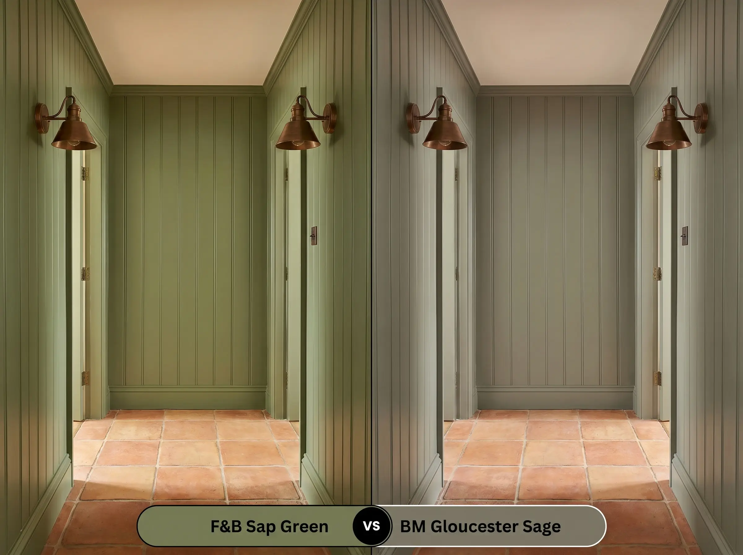 A side-by-side split-screen comparison of Farrow & Ball Sap Green on the left and Benjamin Moore Gloucester Sage on the right, shown in a historic entryway with floor-to-ceiling beadboard.