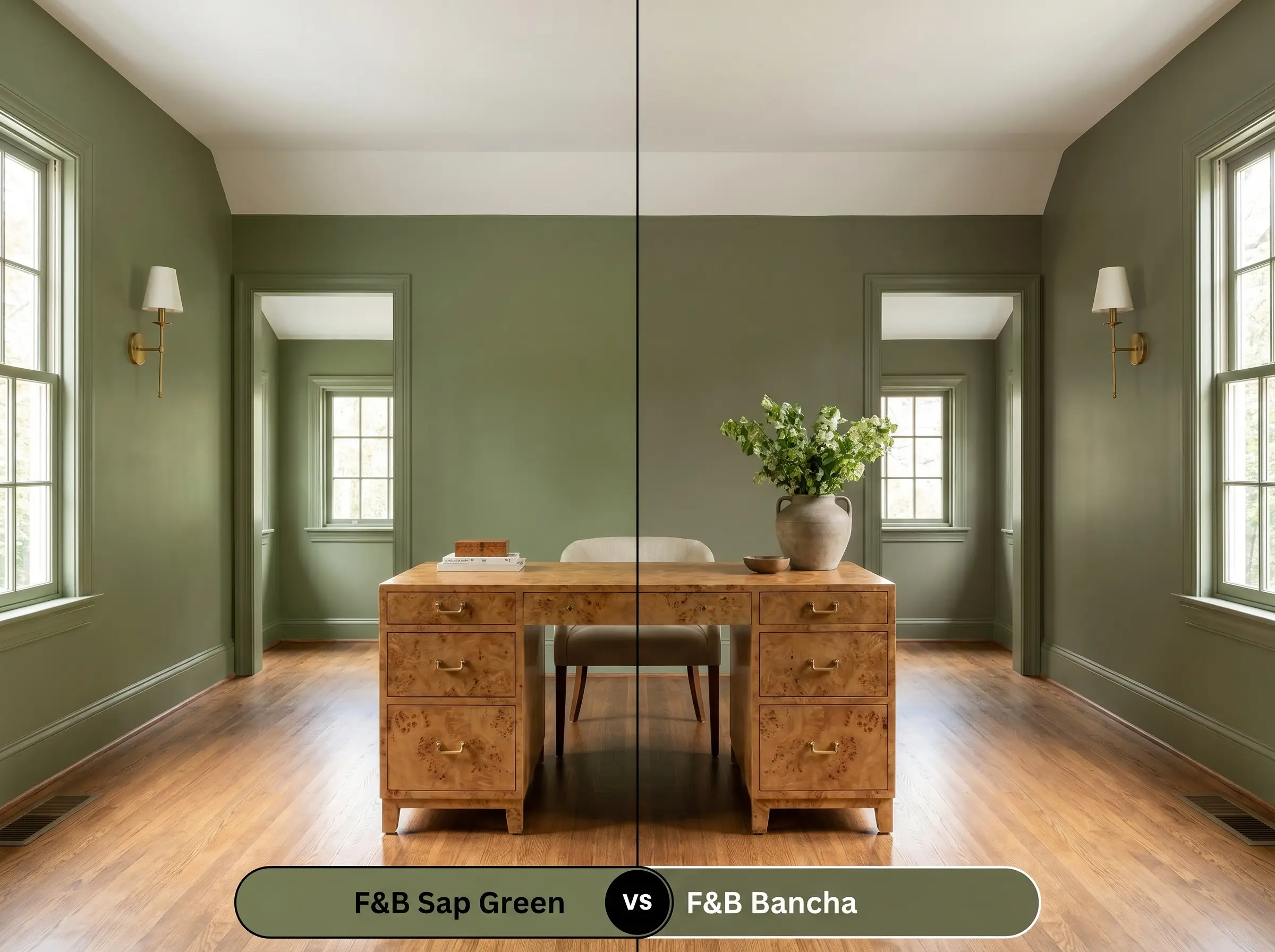 A side-by-side split-screen comparison of Farrow & Ball Sap Green on the left and Farrow & Ball Bancha on the right, shown in a symmetrical living room with a central burl wood desk.