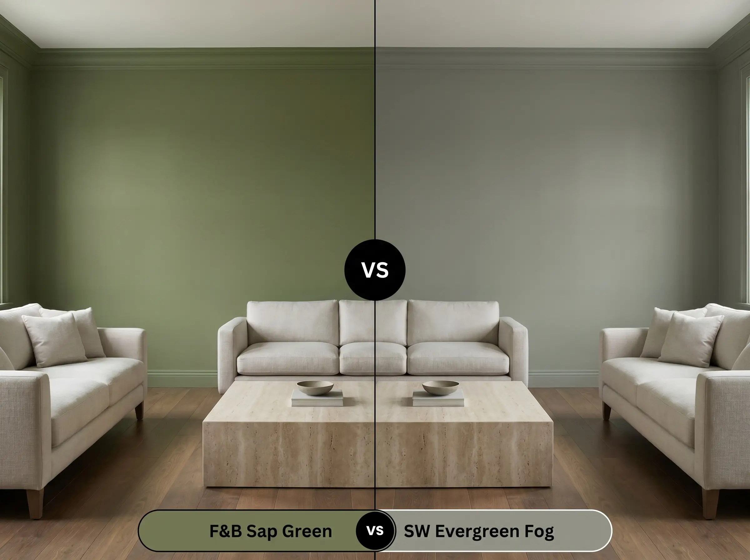 A side-by-side split-screen comparison of Farrow & Ball Sap Green on the left and Sherwin-Williams Evergreen Fog on the right, shown in an elegant living room featuring a central travertine coffee table.