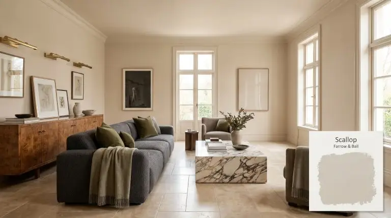 A richly veined marble plinth coffee table anchors a European transitional living room entirely color-drenched in Farrow & Ball Scallop (Hex #d9c8ba).