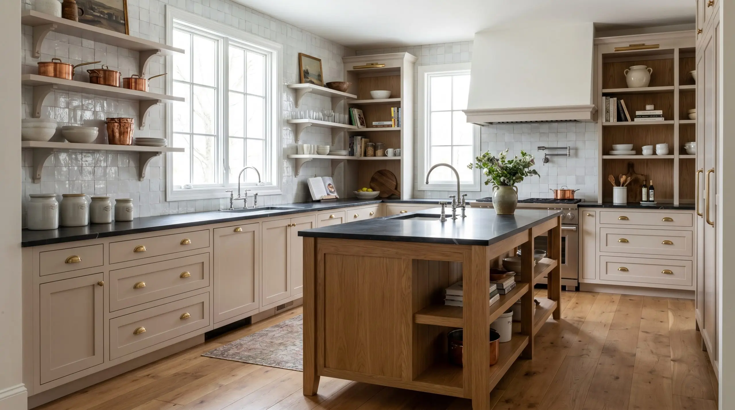 Unlacquered brass cup pulls accent custom shaker kitchen cabinetry painted in Farrow & Ball Scallop (Hex #d9c8ba) beneath dark honed soapstone countertops.