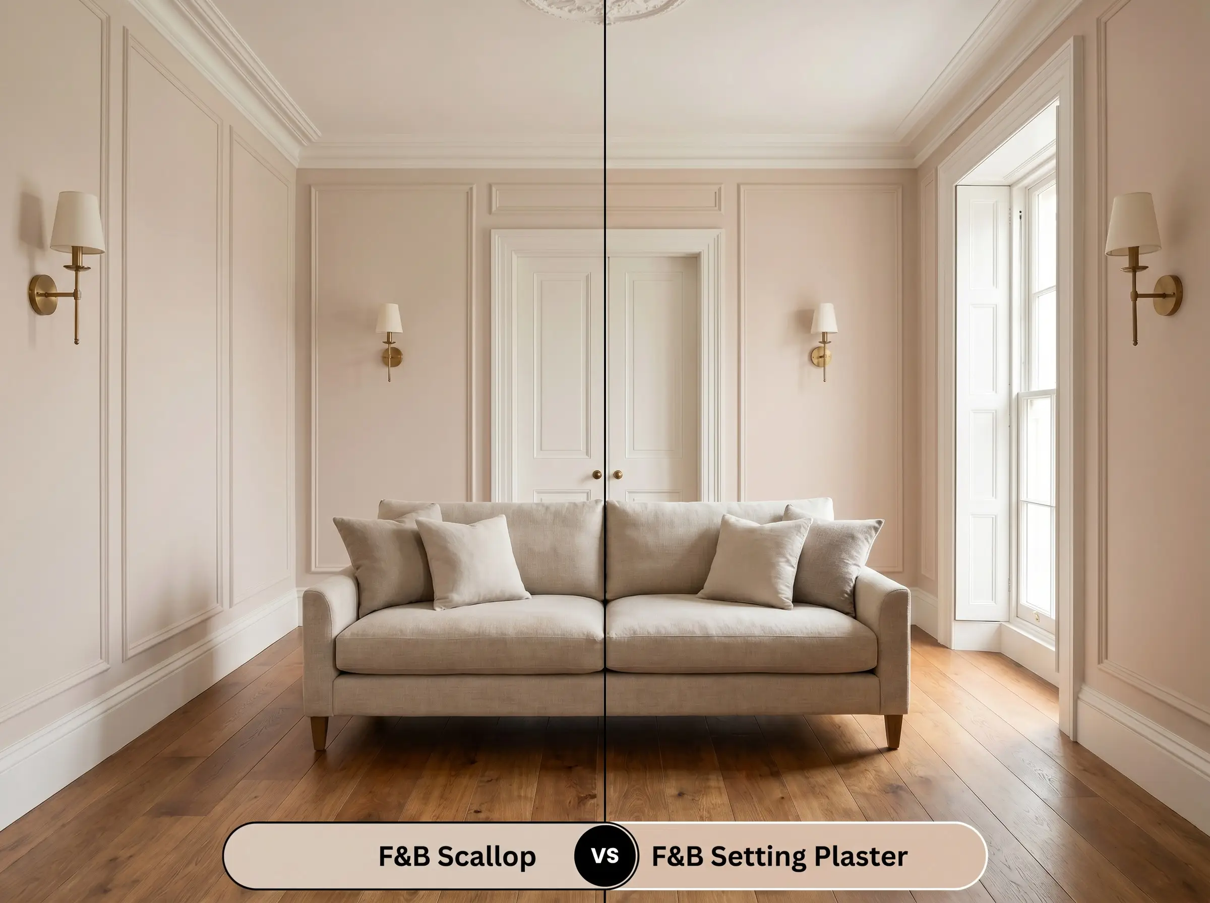 A side-by-side split-screen comparison of Farrow & Ball Scallop on the left and Farrow & Ball Setting Plaster on the right, shown in a styled living room with a linen sofa.