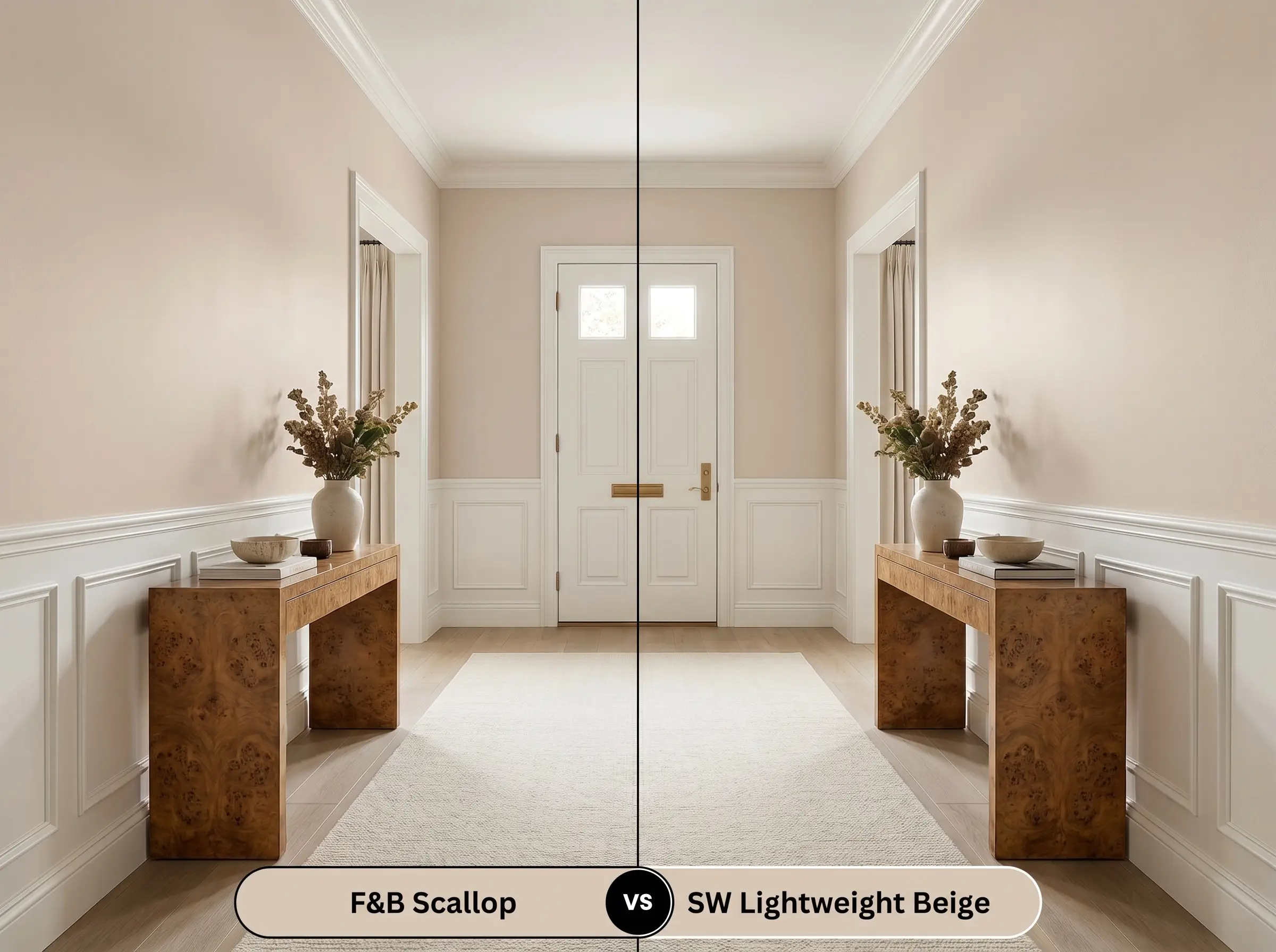 A side-by-side split-screen comparison of Farrow & Ball Scallop on the left and Sherwin-Williams Lightweight Beige on the right, shown in a sophisticated entryway with white wainscoting.