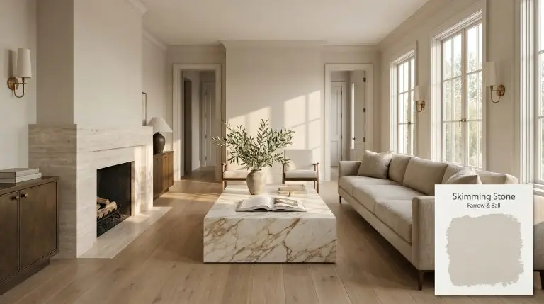 A photorealistic architectural wide shot of a living room painted in Farrow & Ball Skimming Stone (Hex #dbd5ca), featuring a travertine fireplace, linen upholstery, and matte European oak flooring.