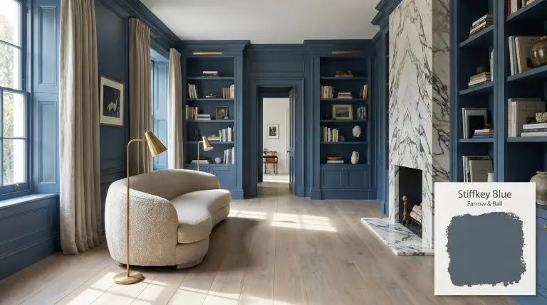 An architectural library painted in Farrow & Ball Stiffkey Blue (Hex #4a5b6b), featuring built-in shelving, bleached walnut flooring, and a Calacatta Viola marble fireplace.