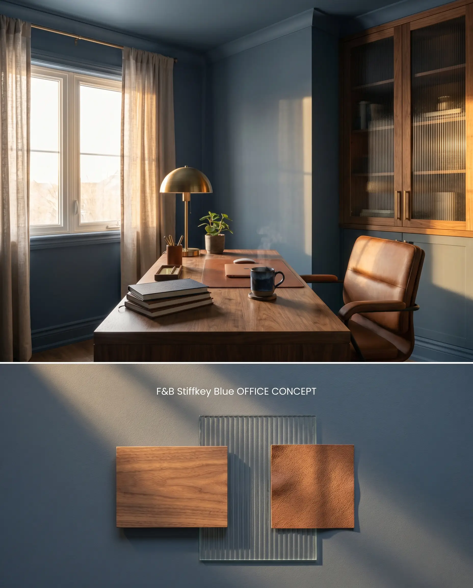 A split digital conceptual board for a color-drenched home office in a deep inky navy, positioned over a flat-lay of walnut wood and ribbed glass.
