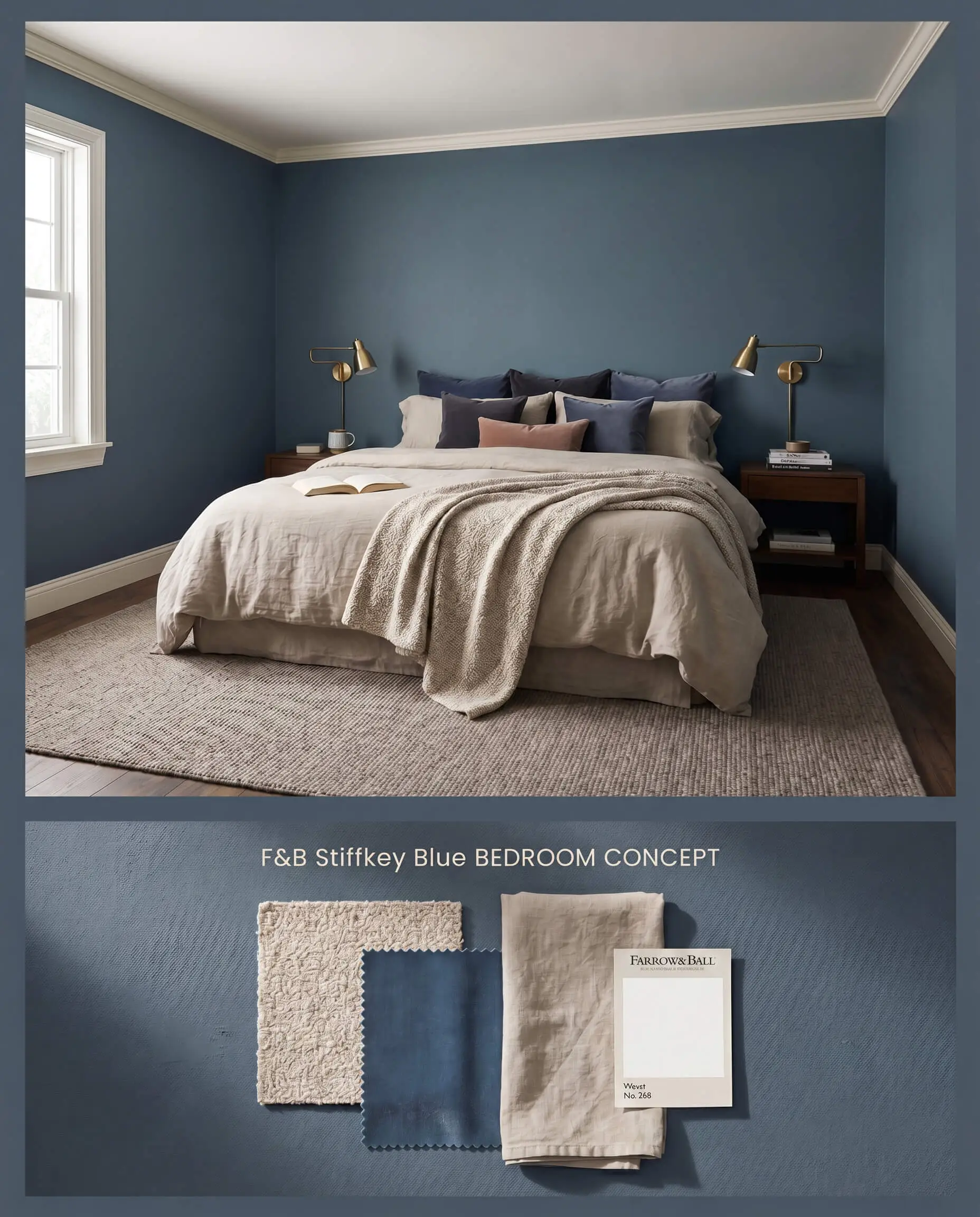 A split digital conceptual board for a moody bedroom showcasing chalky navy walls, layered over a flat-lay of tactile linens and velvet swatches.