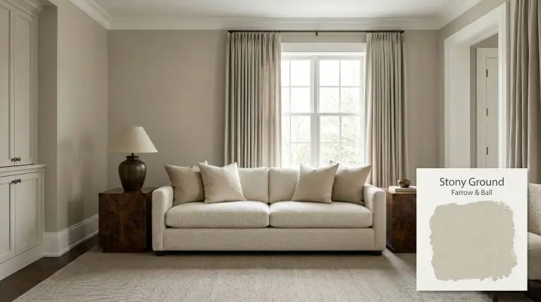 A textured cream bouclé sofa and dark burl wood side tables sit within a living room painted in Farrow & Ball Stony Ground (Hex #c9bfab).