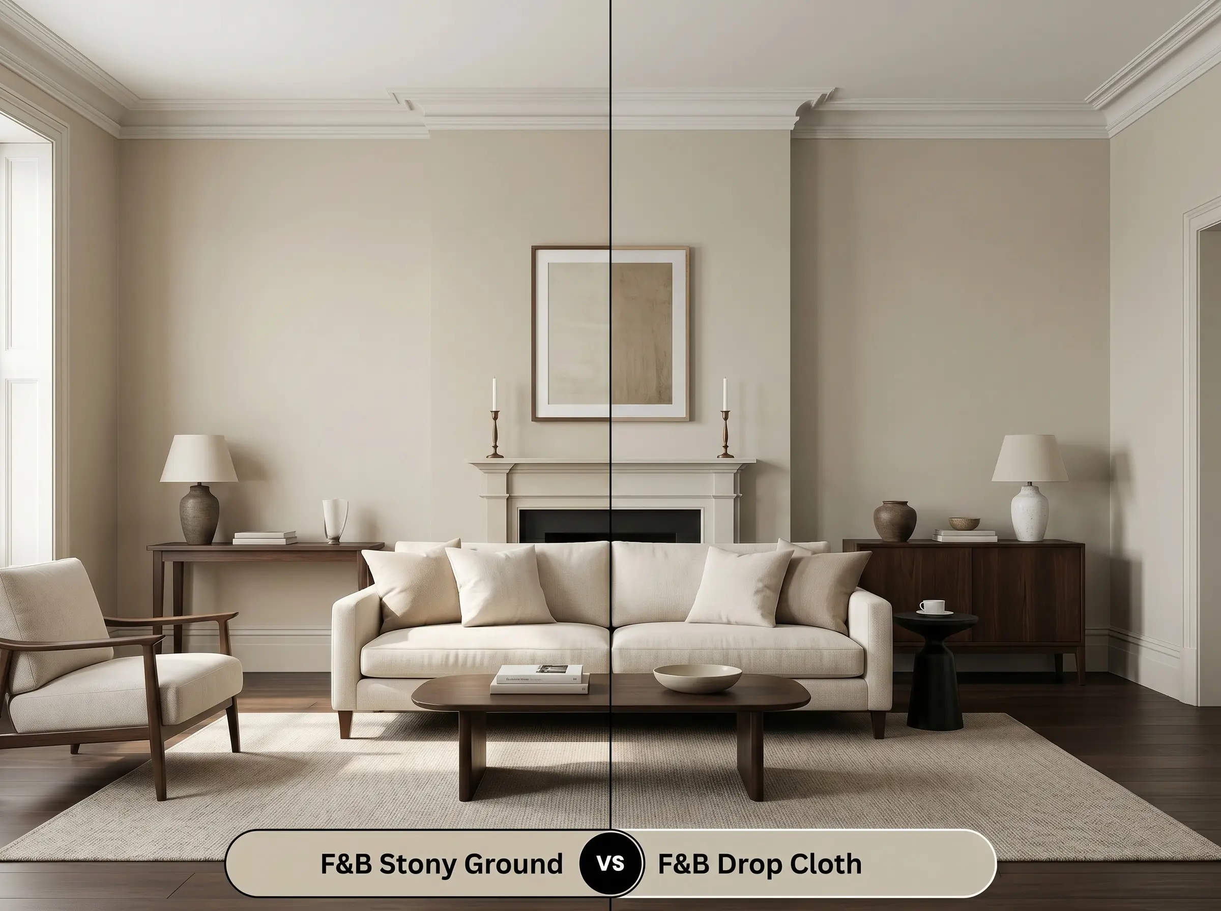 A side-by-side split-screen comparison of Farrow & Ball Stony Ground on the left and Farrow & Ball Drop Cloth on the right, shown in a living room featuring a cream linen sofa.