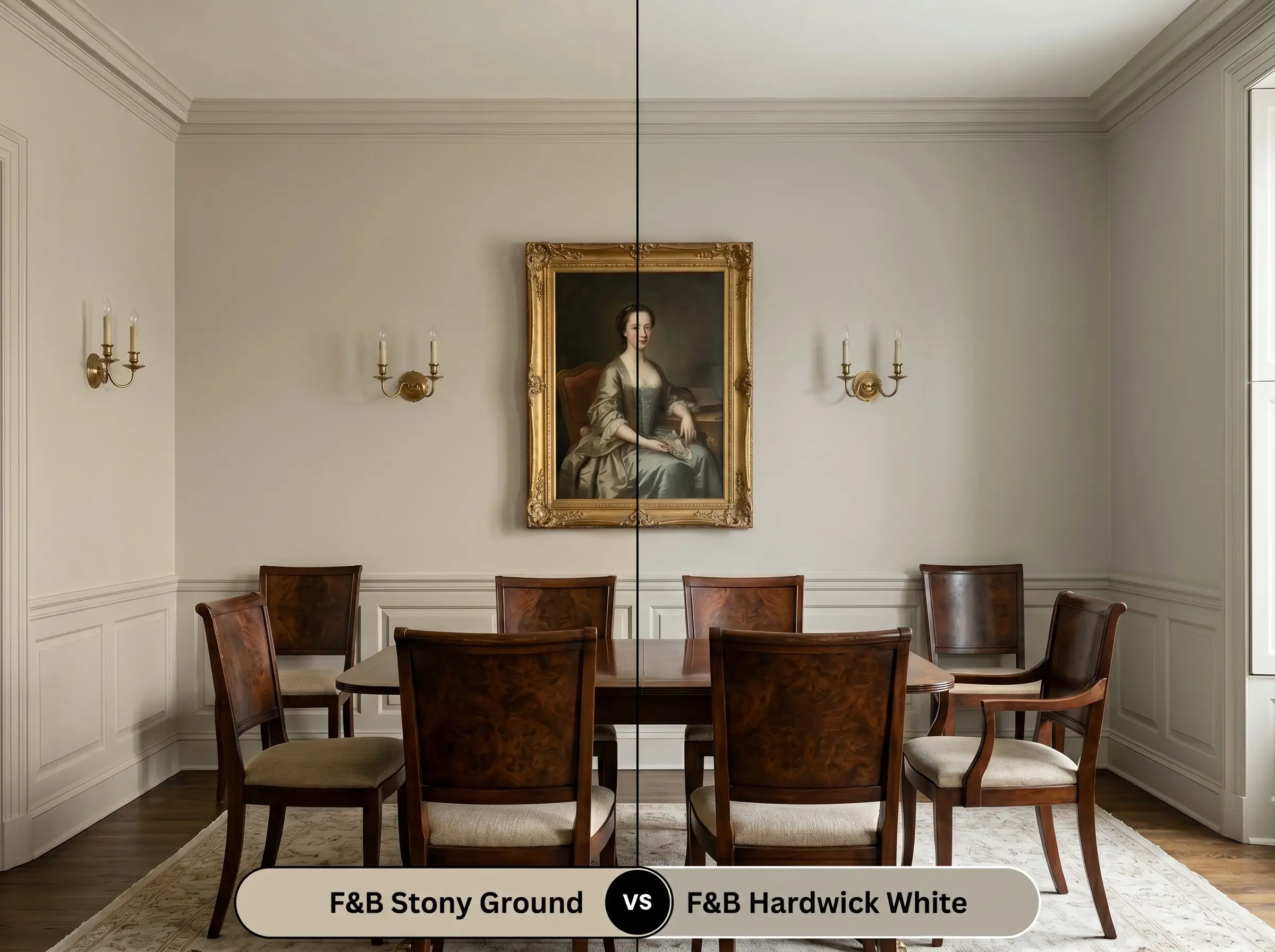 A side-by-side split-screen comparison of Farrow & Ball Stony Ground on the left and Farrow & Ball Hardwick White on the right, shown in a historic dining room with dark burl wood chairs.