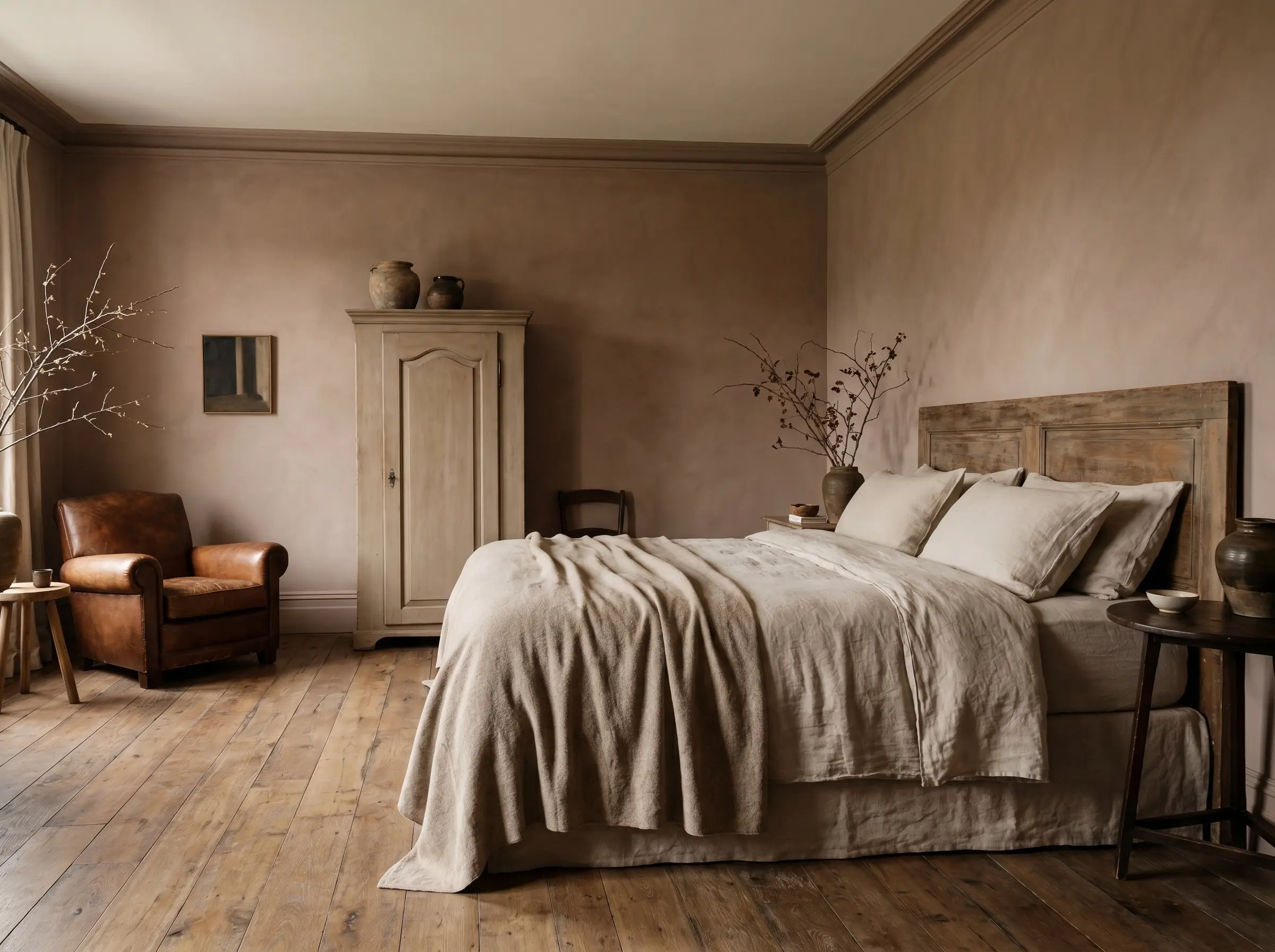 Custom crown molding and wide-plank oak floors frame this luxury pink girl bedroom design painted in earthy Farrow and Ball Sulking Room Pink.