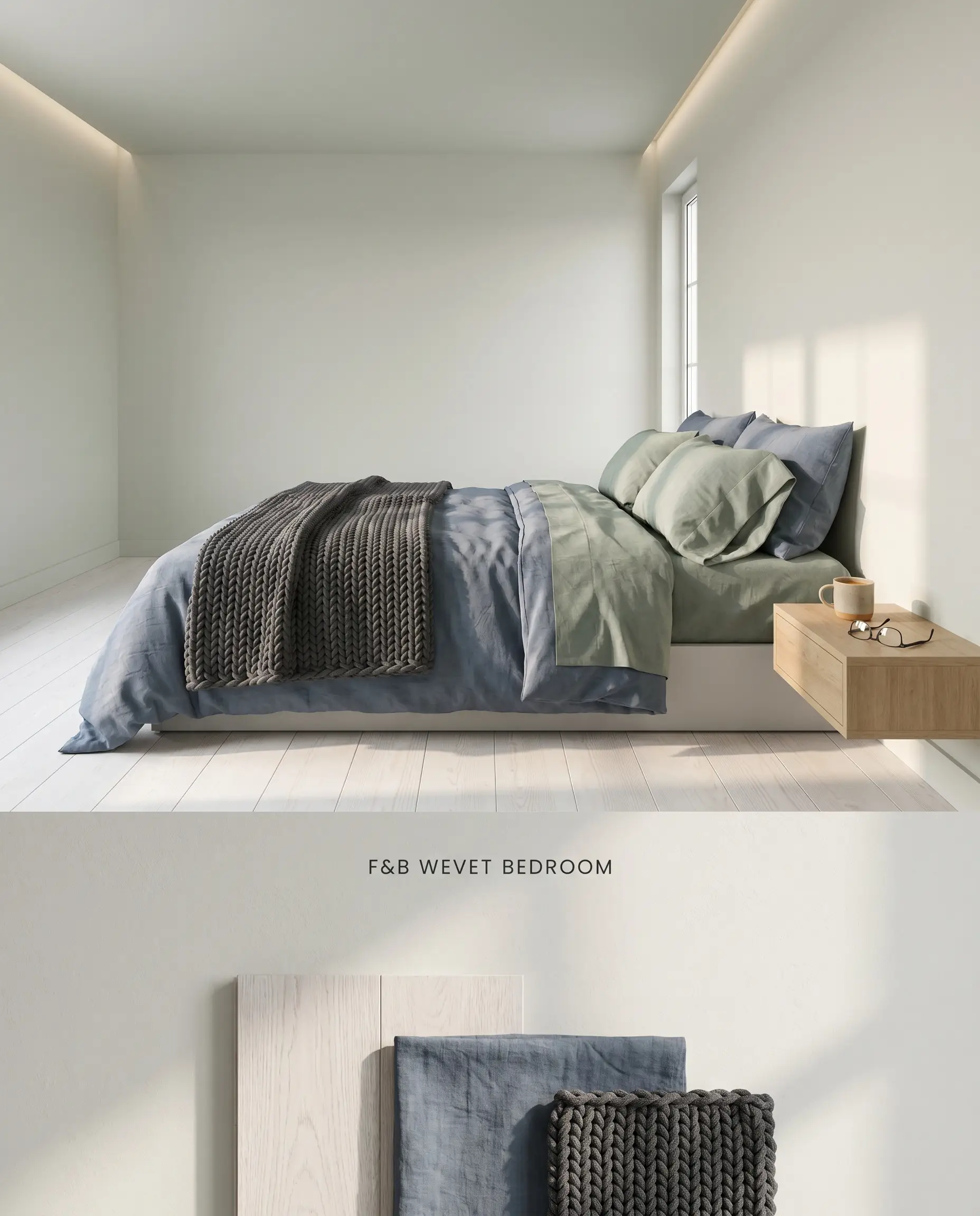 A vertically split conceptual design board for a minimalist bedroom presenting hushed neutral walls above a textured flat-lay containing white-washed oak and slate blue washed linen.